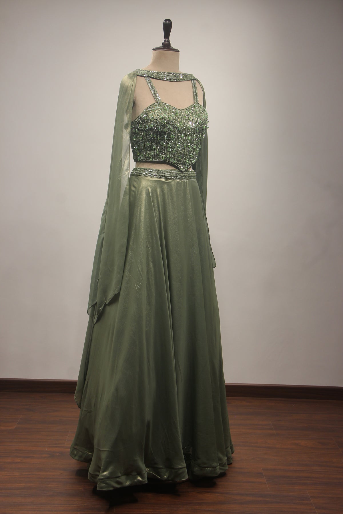 Dusty Green Shimmer Georgette Lehenga with Corset & Choker Dupatta