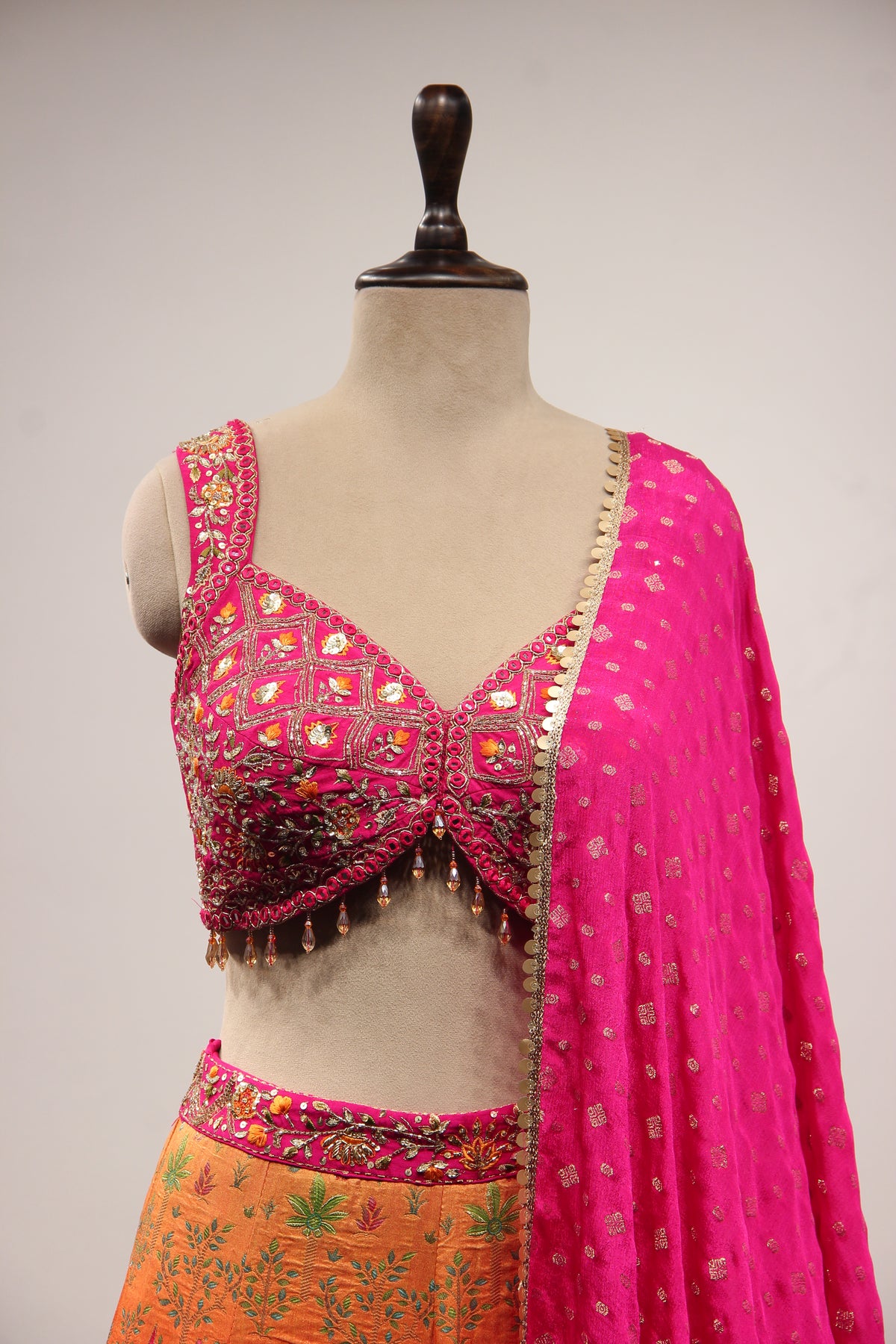 Dupion Lehenga with Printed & Mirror Handwork Crop Top
