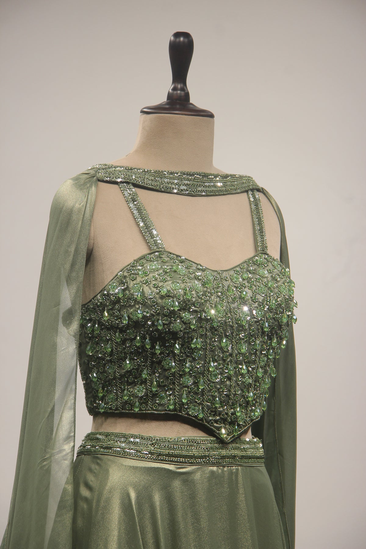 Dusty Green Shimmer Georgette Lehenga with Corset & Choker Dupatta