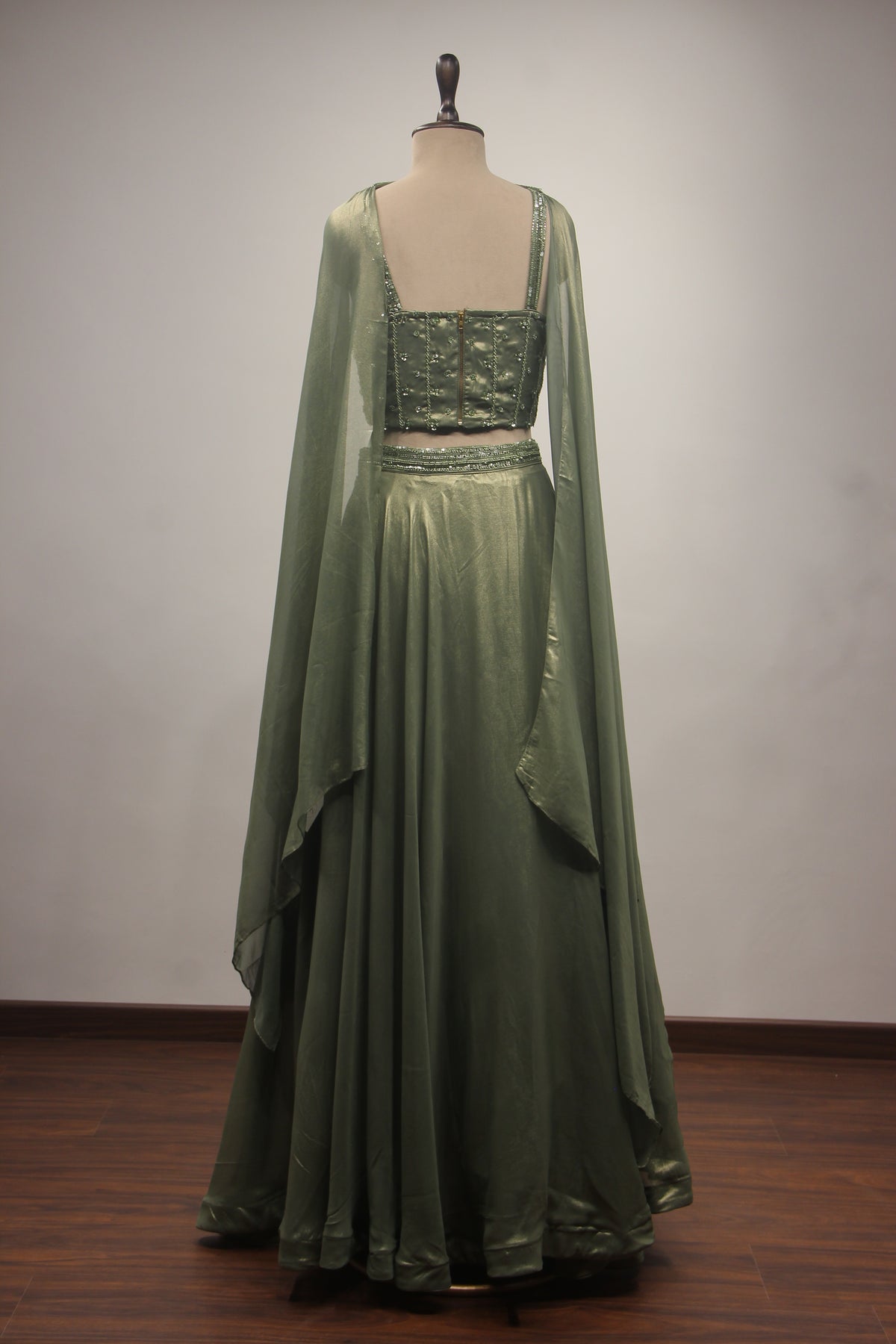 Dusty Green Shimmer Georgette Lehenga with Corset & Choker Dupatta