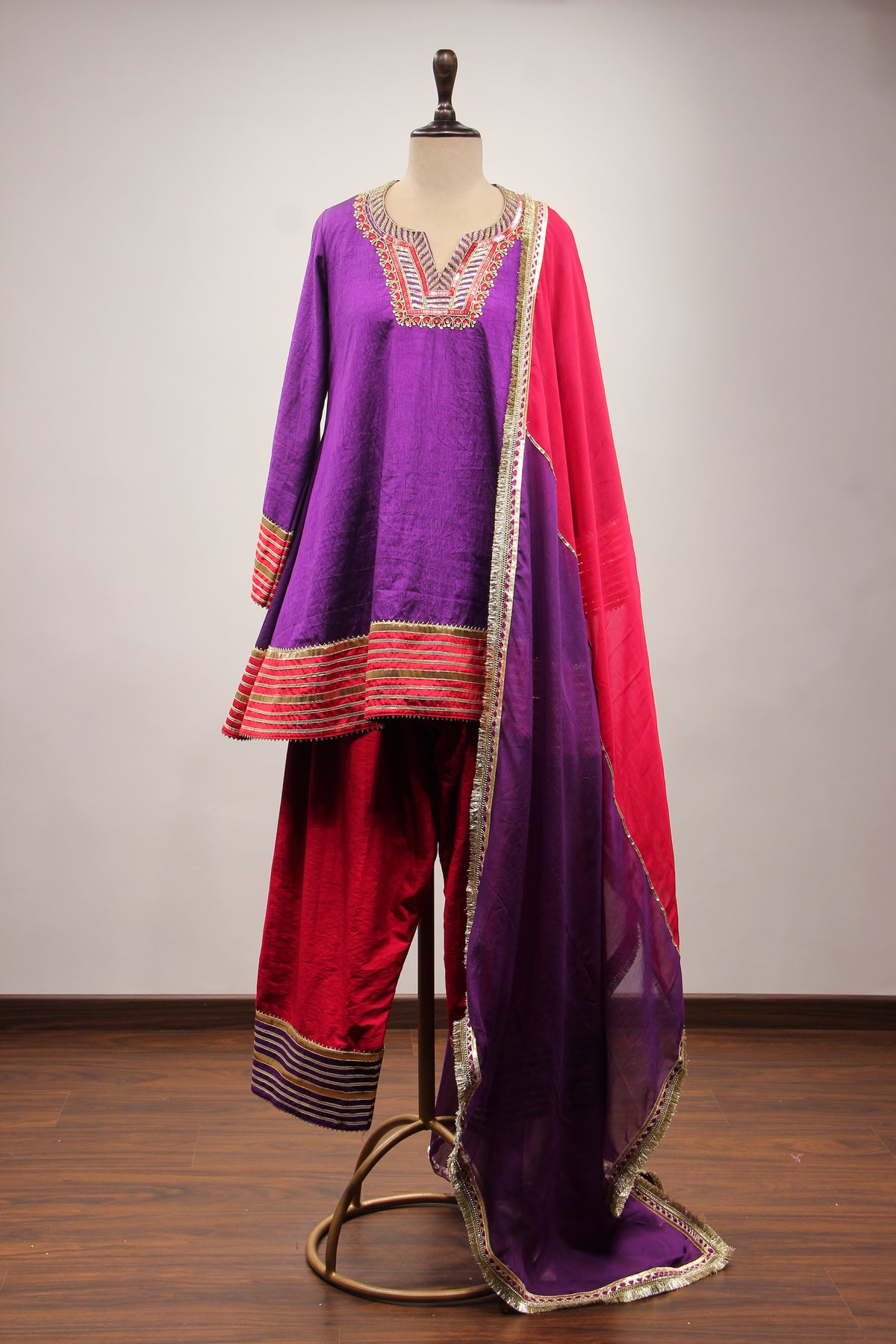 Purple Dupion Peplum Suit with Hand Embroidery & Gota Patti Handwork – front view