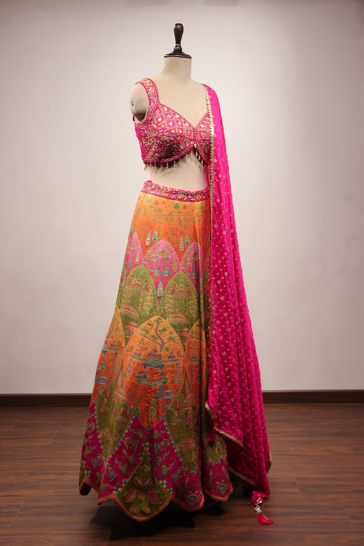 Dupion Lehenga with Printed & Mirror Handwork Crop Top