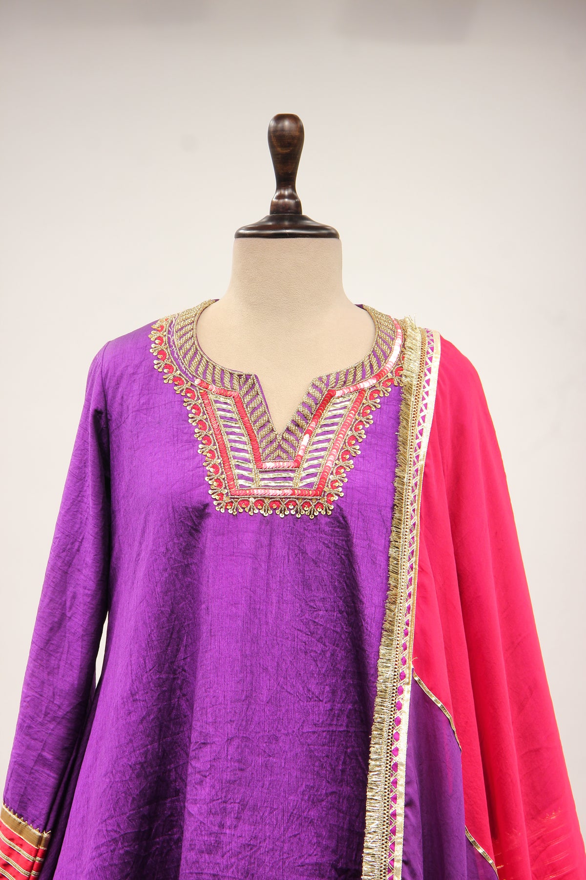 Purple Dupion Peplum Suit with Hand Embroidery & Gota Patti Handwork – front close-up