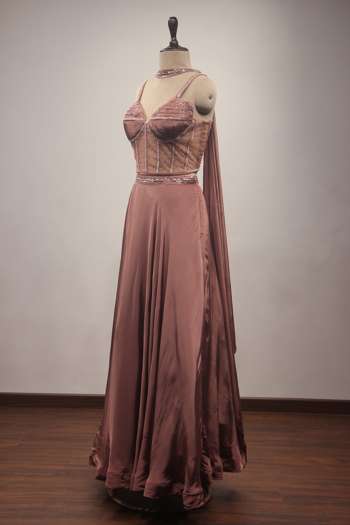 Rose Gold Crepe Lehenga with Corset Blouse, Cut Dana & Bead Handwork