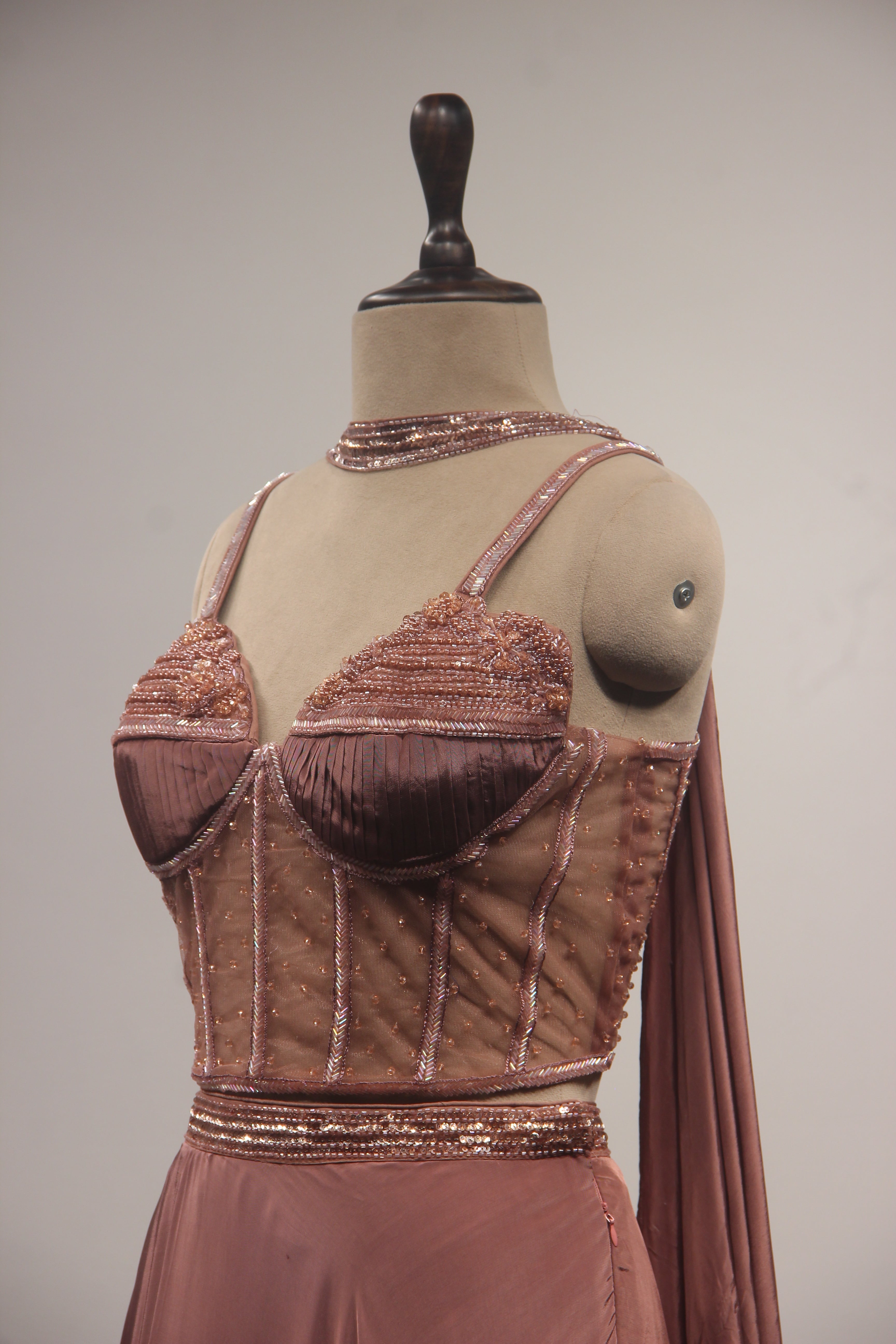 Rose Gold Crepe Lehenga with Corset Blouse, Cut Dana & Bead Handwork