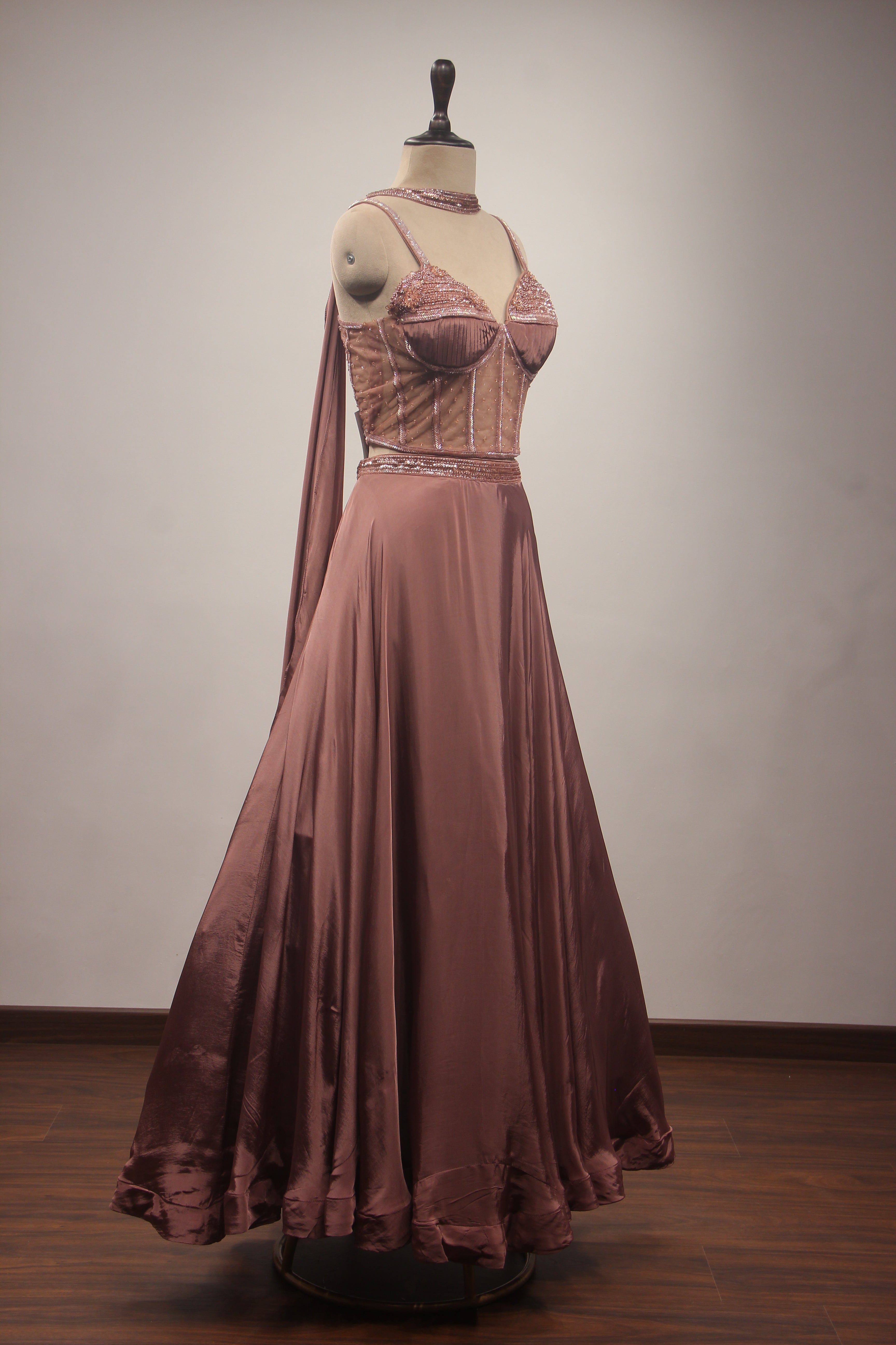 Rose Gold Crepe Lehenga with Corset Blouse, Cut Dana & Bead Handwork