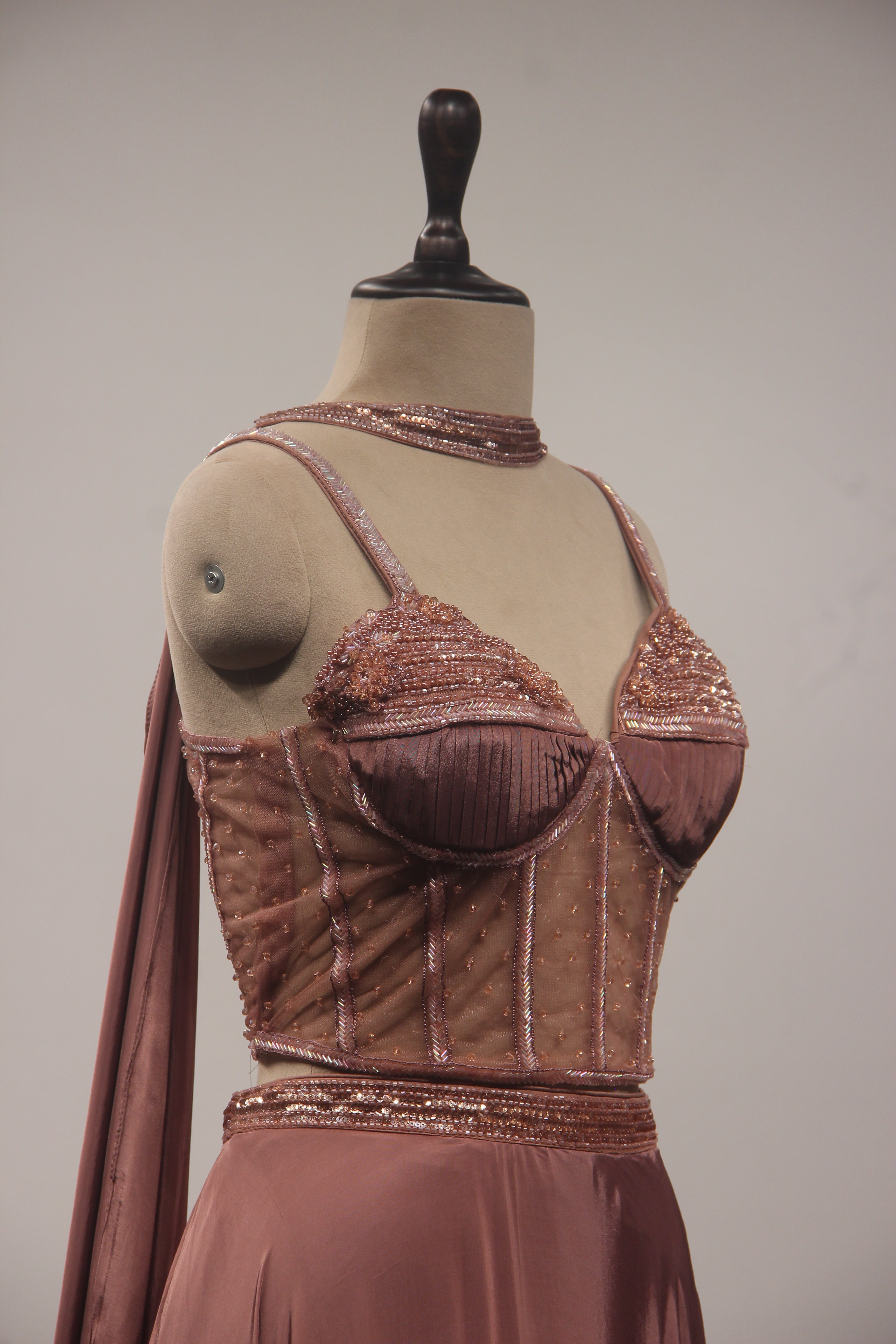 Rose Gold Crepe Lehenga with Corset Blouse, Cut Dana & Bead Handwork