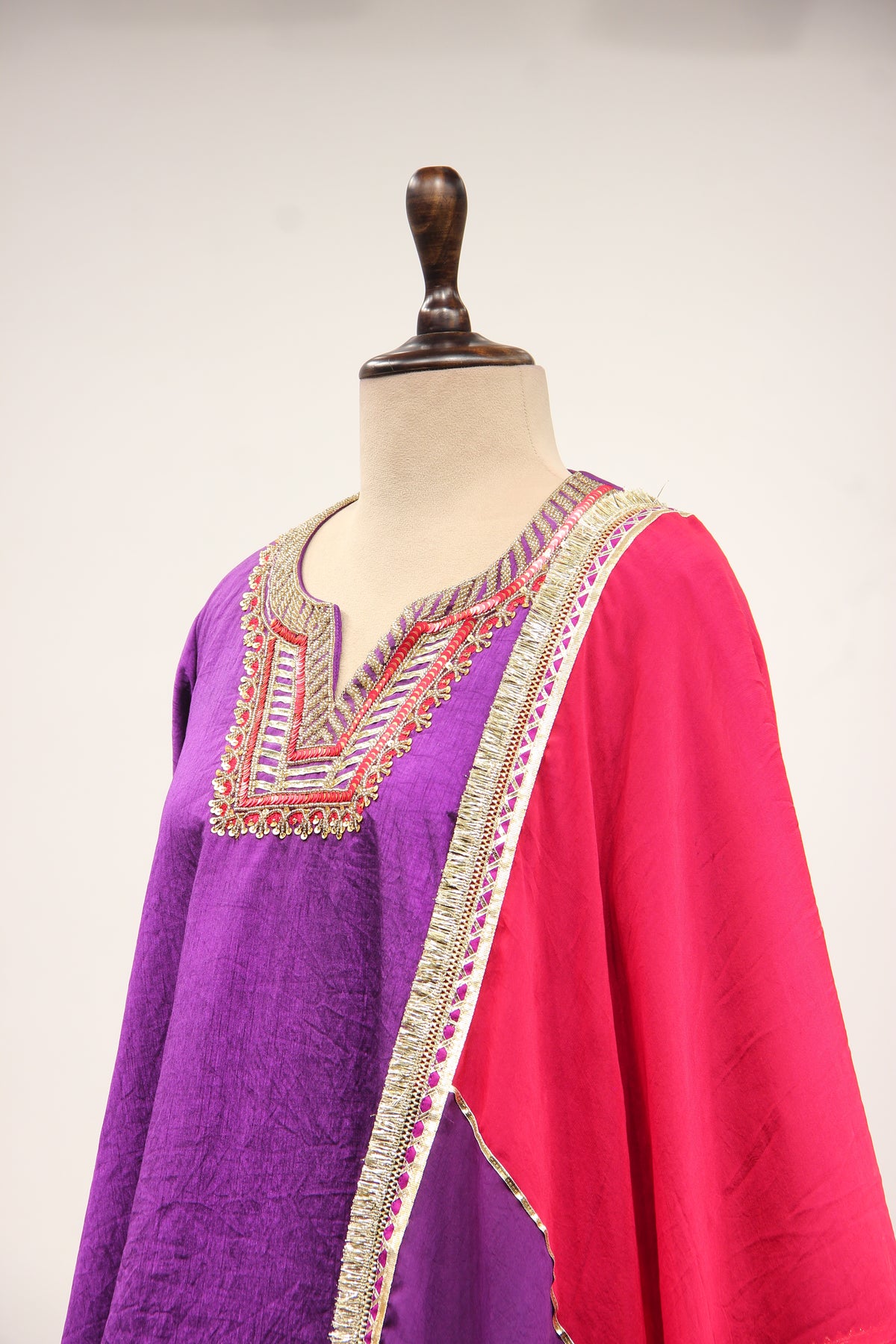 Purple Dupion Peplum Suit with Hand Embroidery & Gota Patti Handwork – side close-up