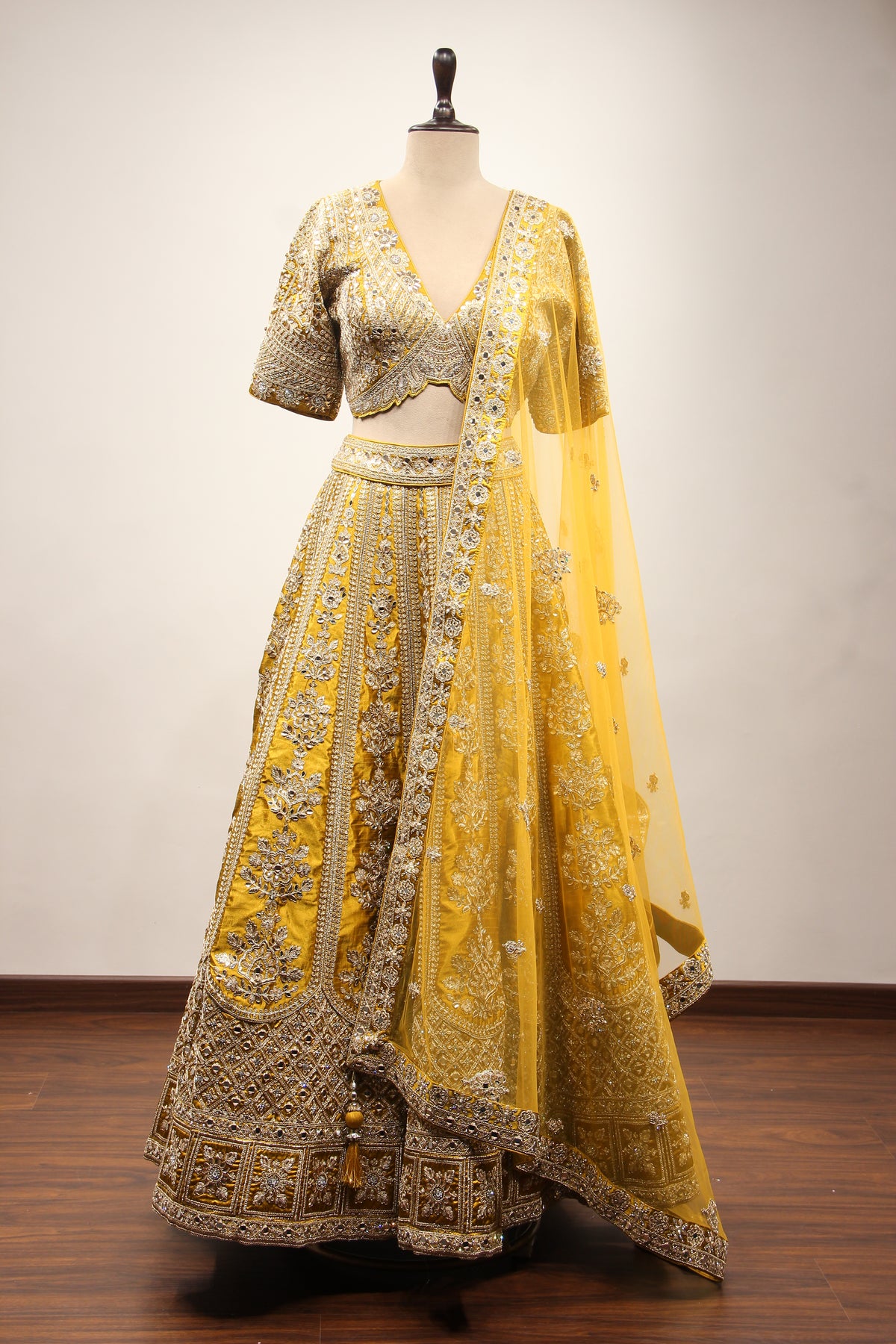 Mustard Silk Lehenga with Zari & Zardozi Handwork Crop Top – front view
