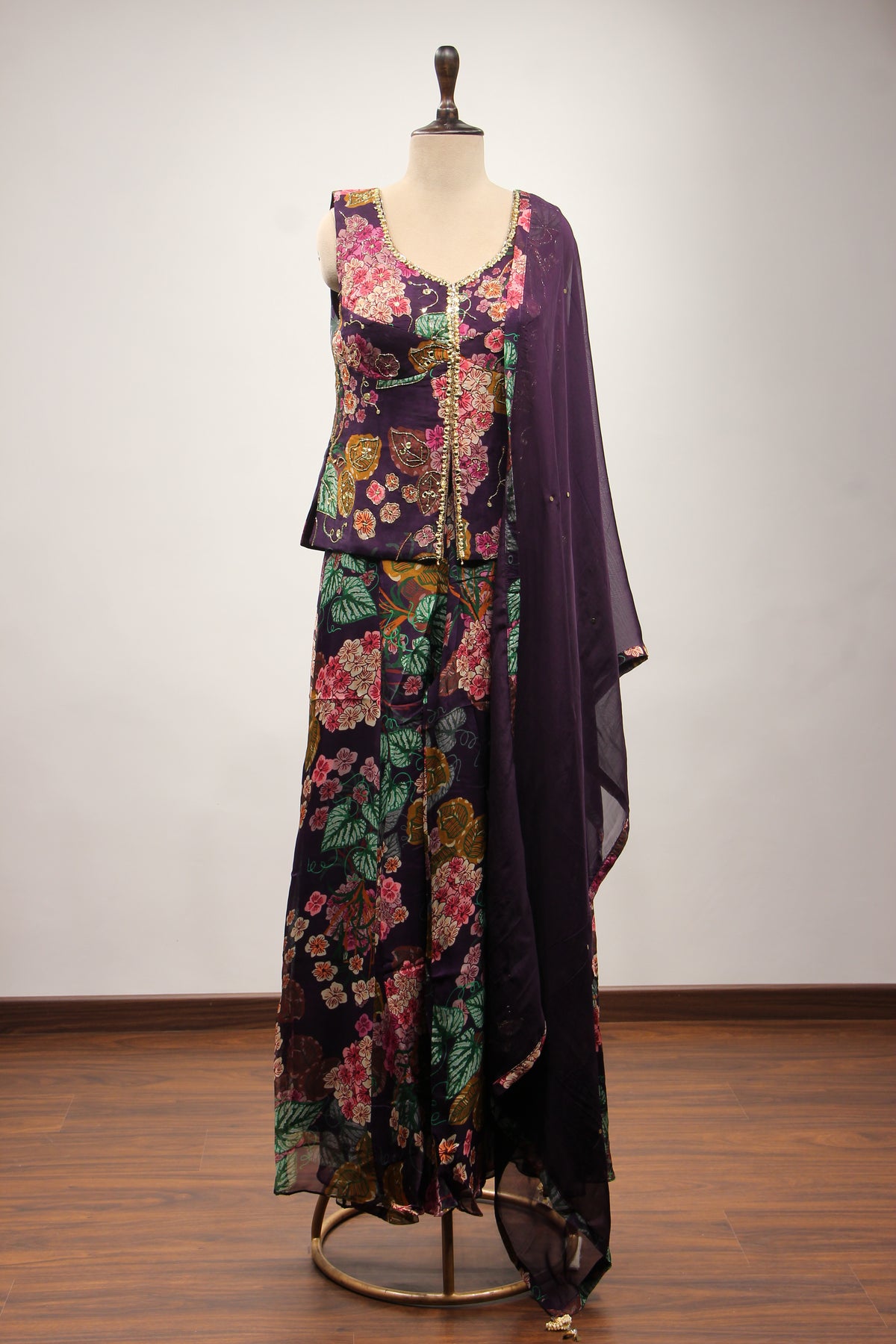 Purple Organza Long Top Indo Western with Printed & Mirror Handwork – front view