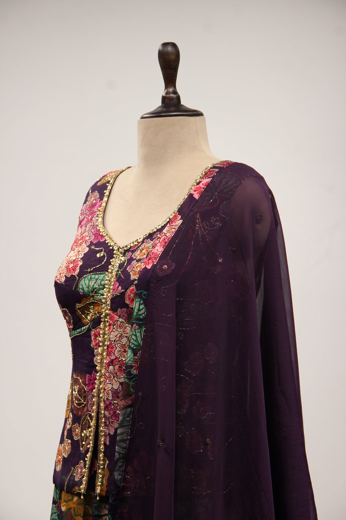 Purple Organza Long Top Indo Western with Printed & Mirror Handwork – side close-up