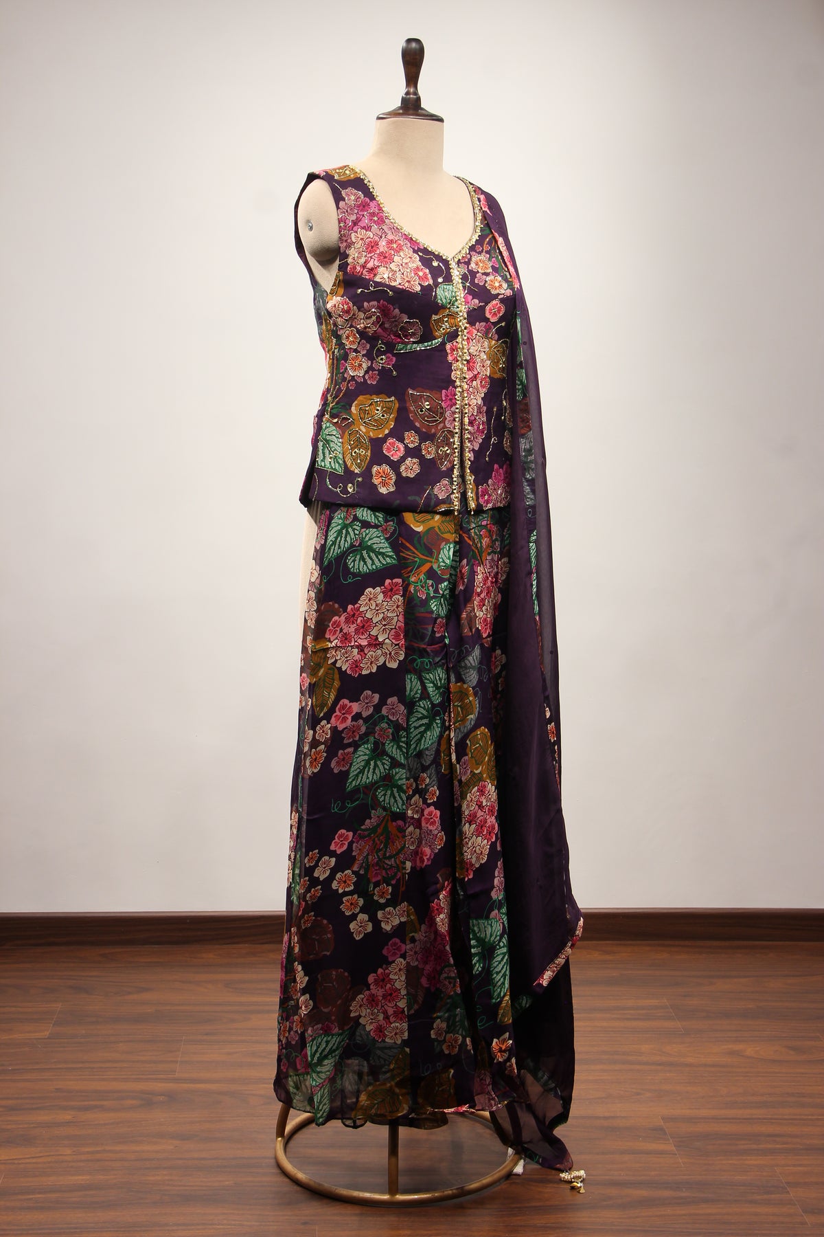 Purple Organza Long Top Indo Western with Printed & Mirror Handwork – other side view