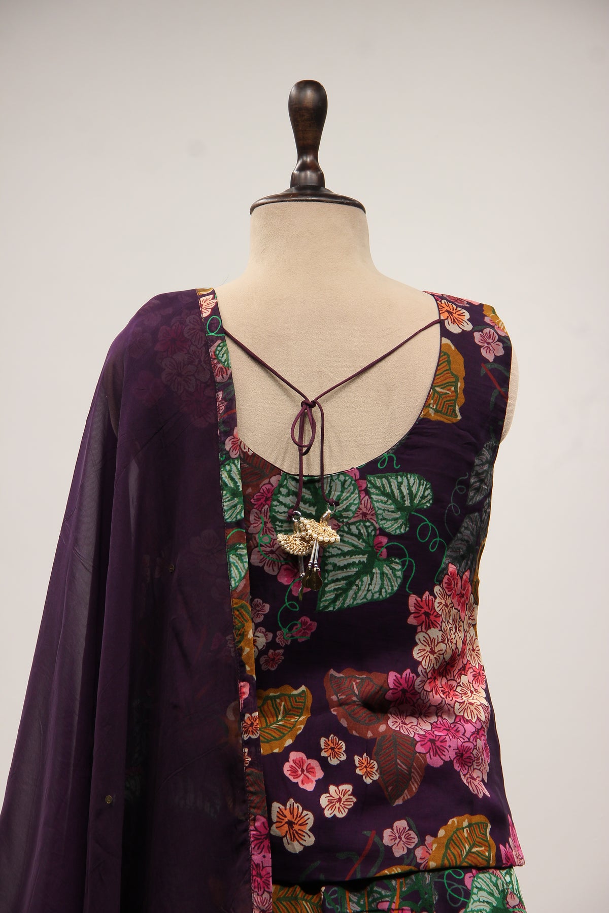 Purple Organza Long Top Indo Western with Printed & Mirror Handwork – back close-up