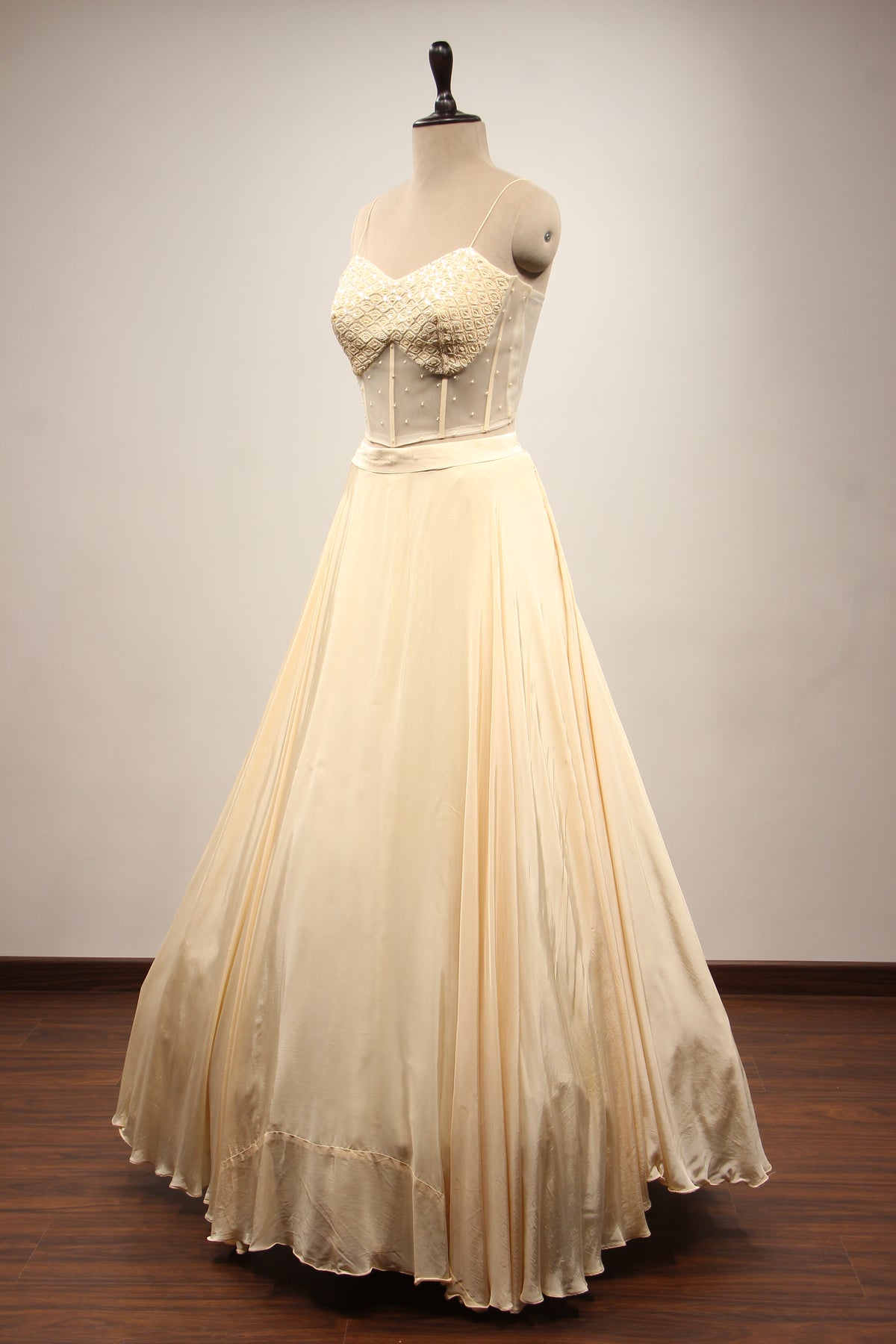Cream Crepe Lehenga with Bead & Sequin Handwork Corset Jacket