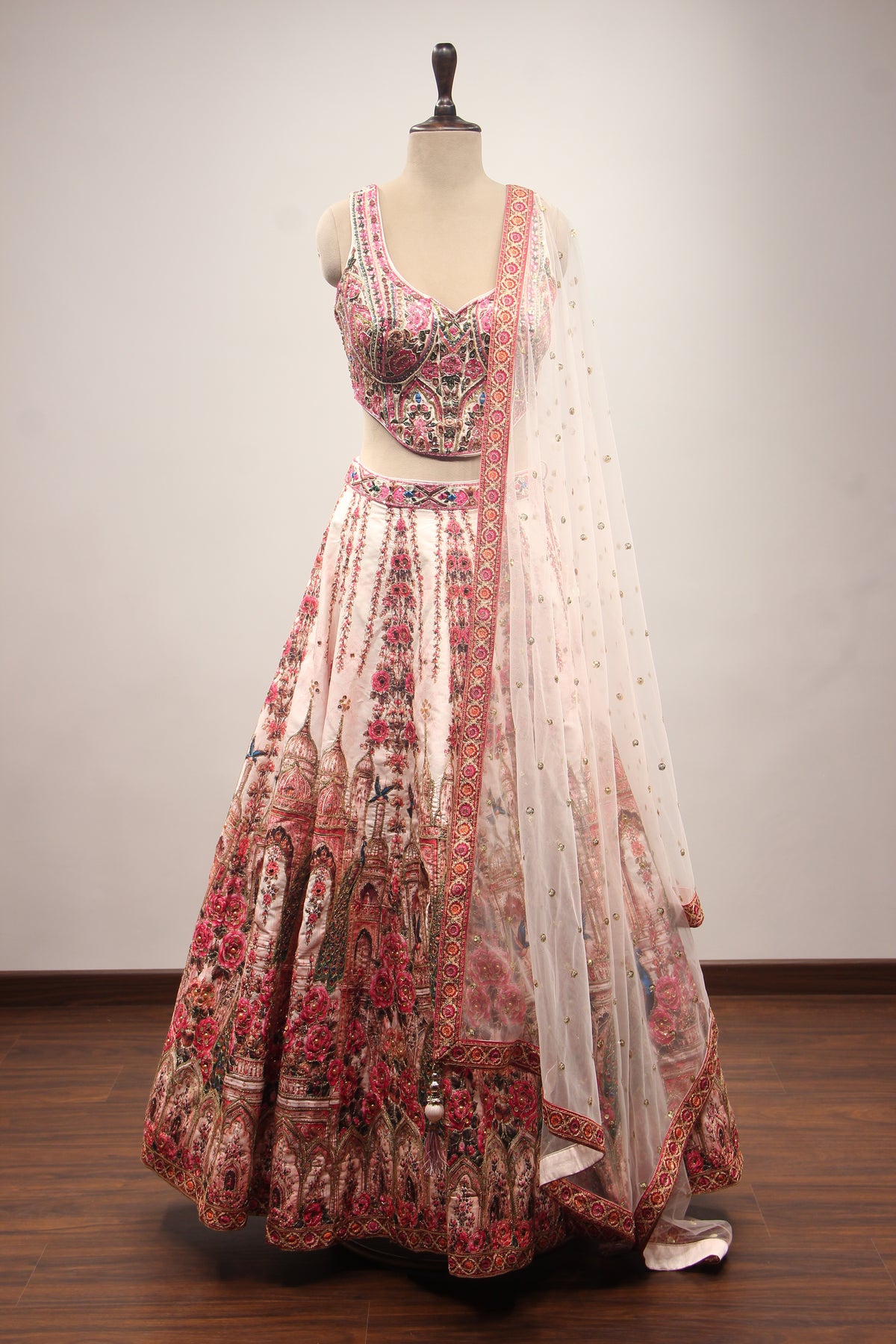 Pink Silk Lehenga with Printed & Thread Handwork Corset Blouse