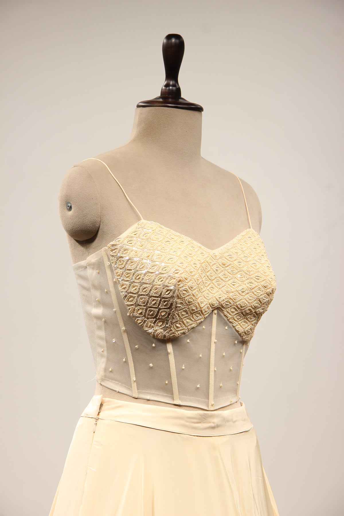 Cream Crepe Lehenga with Bead & Sequin Handwork Corset Jacket