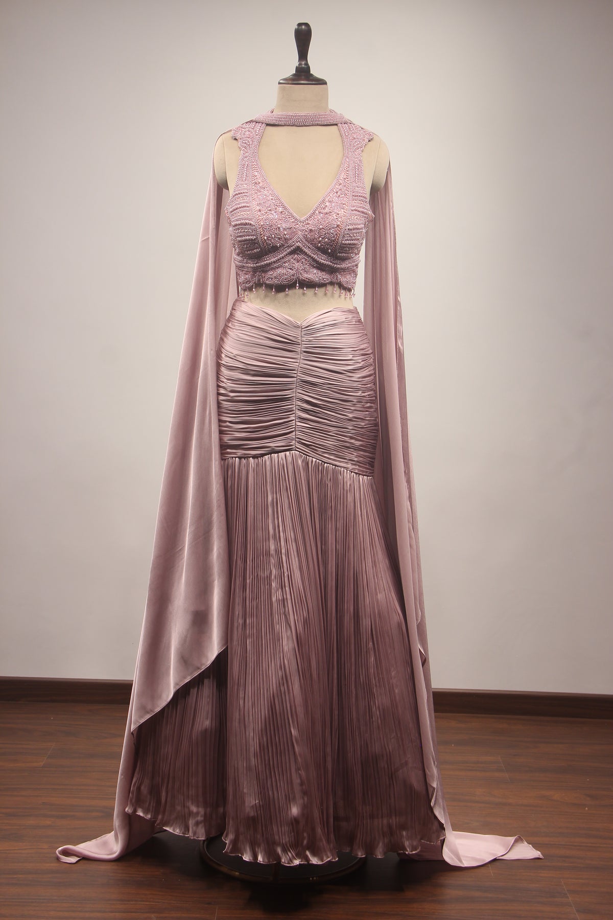 Pink Crepe Mermaid Lehenga with Corset, Bead & Cut Dana Handwork