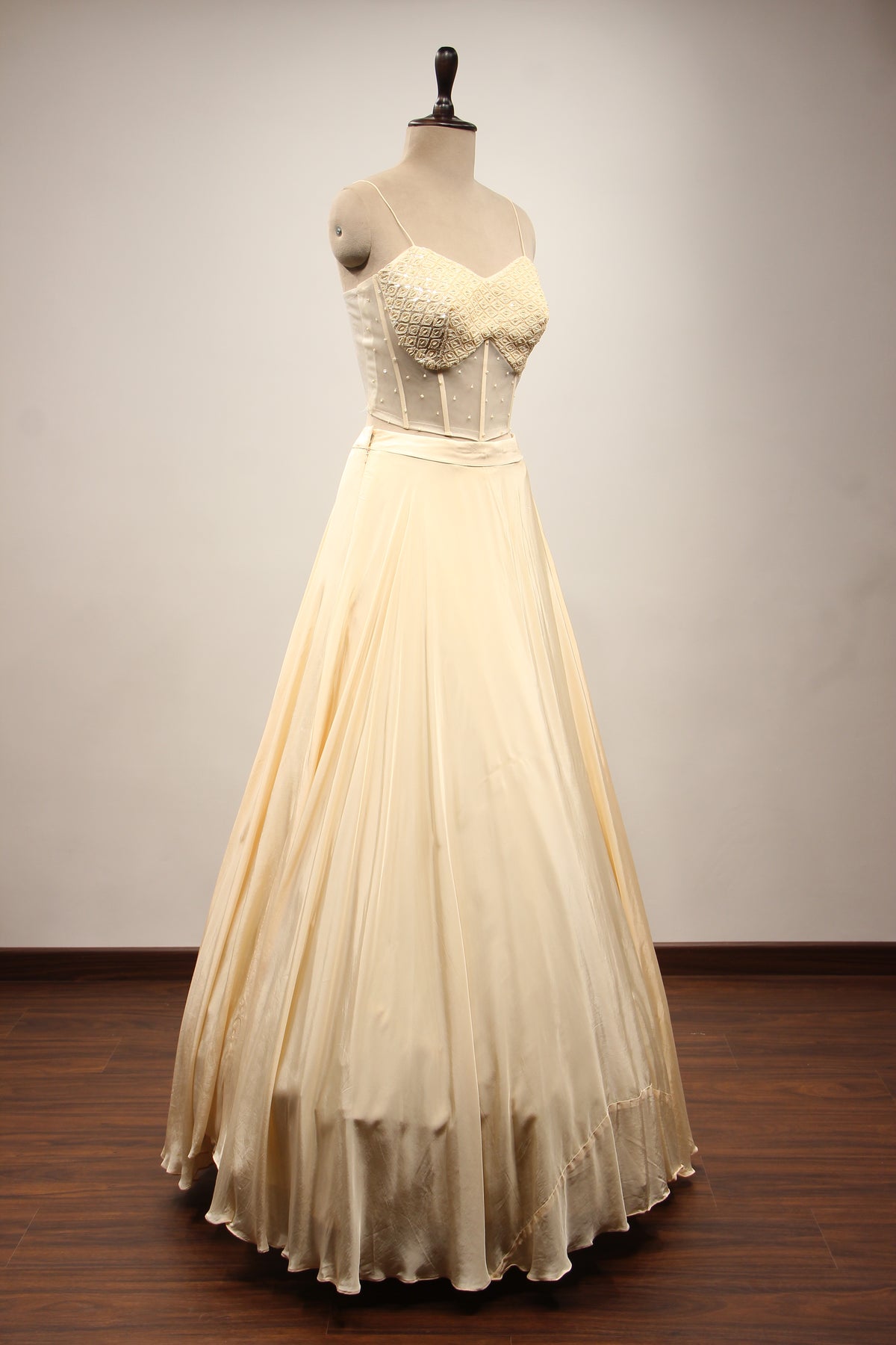 Cream Crepe Lehenga with Bead & Sequin Handwork Corset Jacket