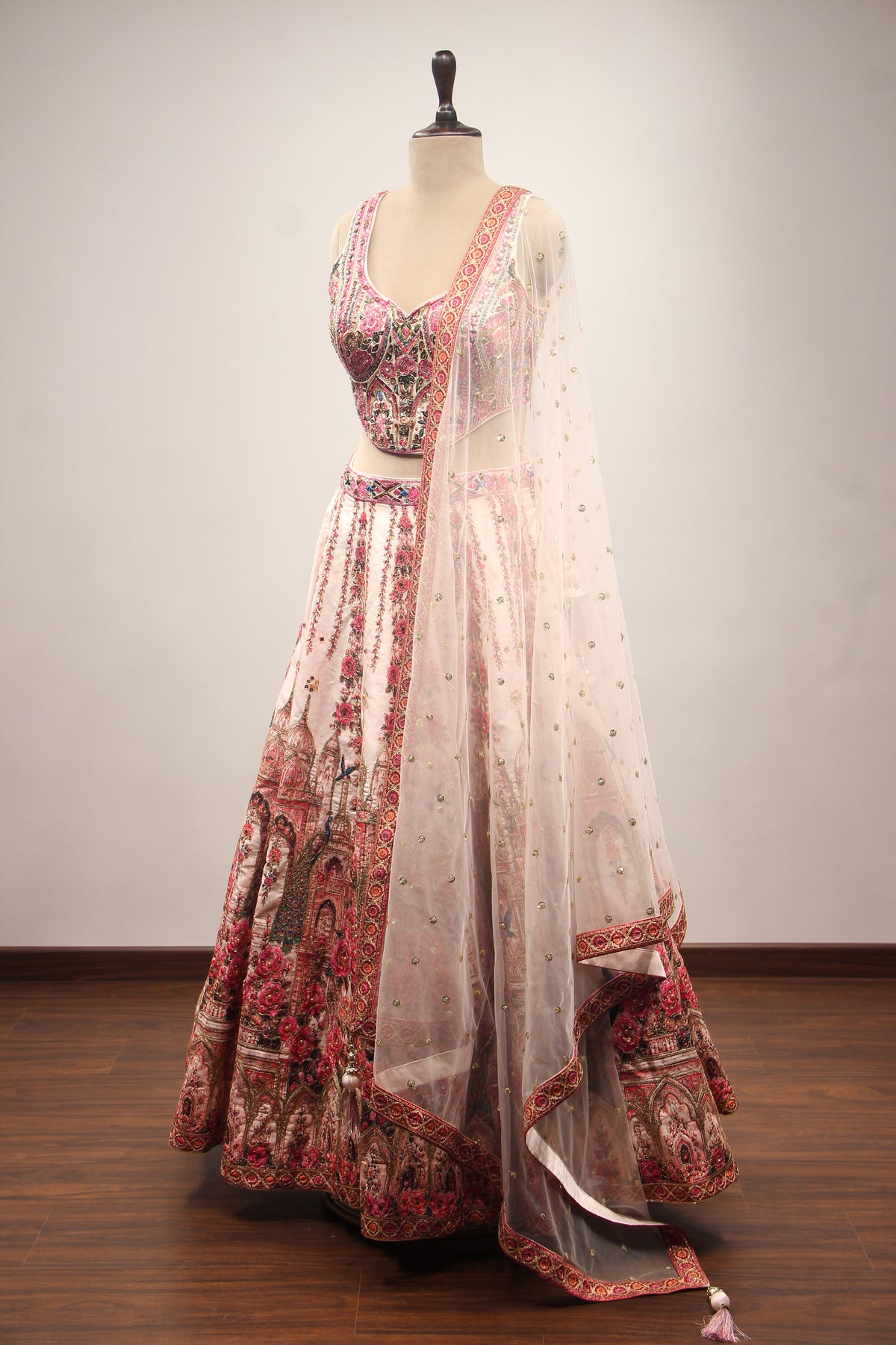 Pink Silk Lehenga with Printed & Thread Handwork Corset Blouse