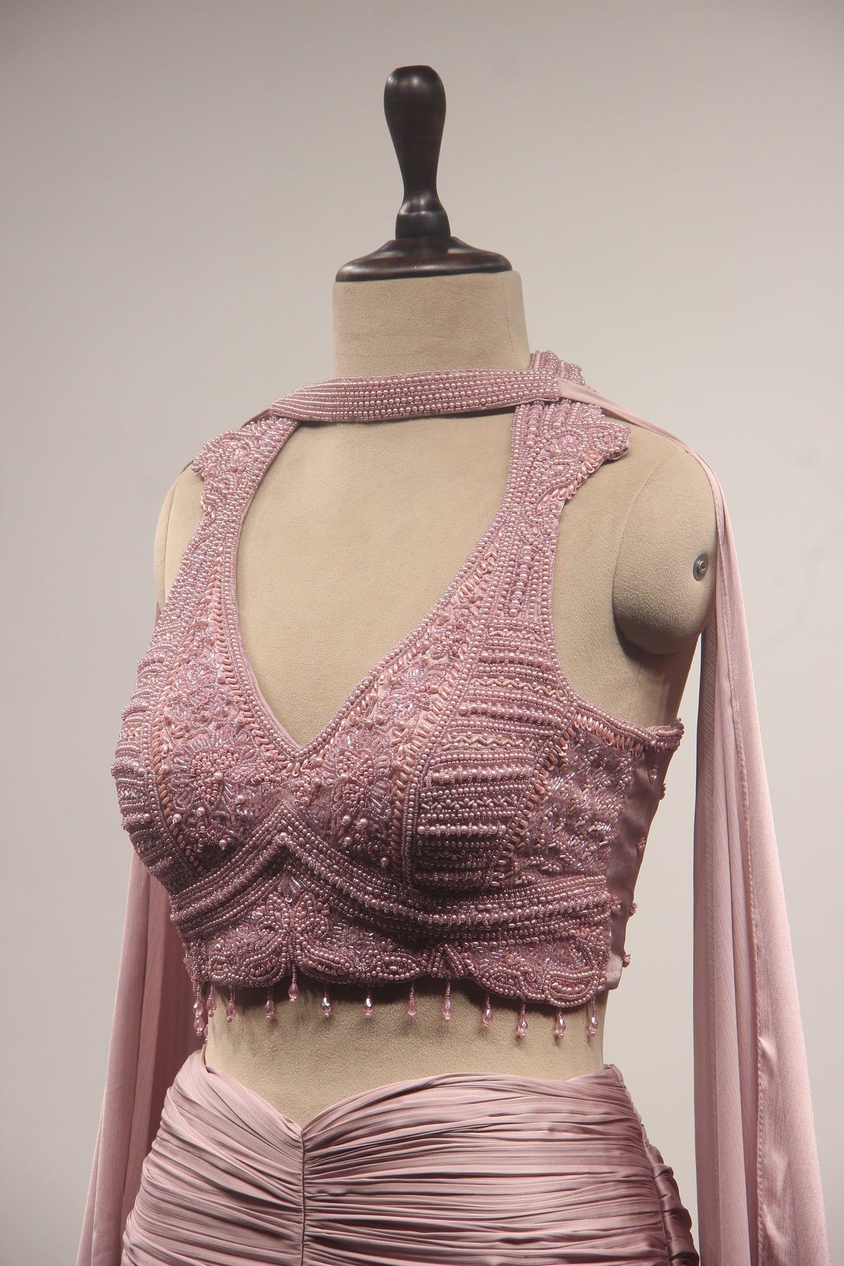Pink Crepe Mermaid Lehenga with Corset, Bead & Cut Dana Handwork
