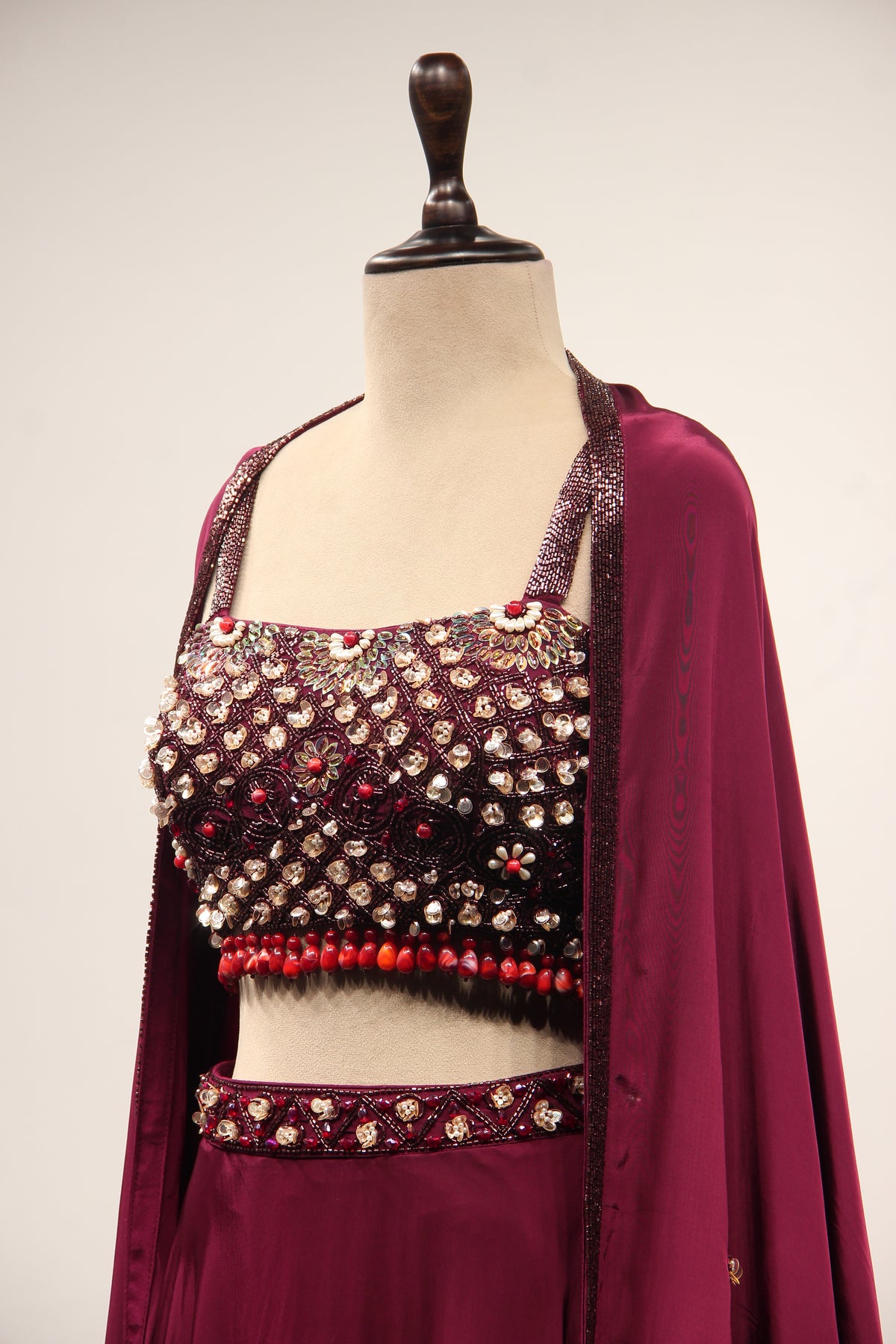 Wine Crepe Lehenga with Stone & Sequin Handwork Crop Top Shrug