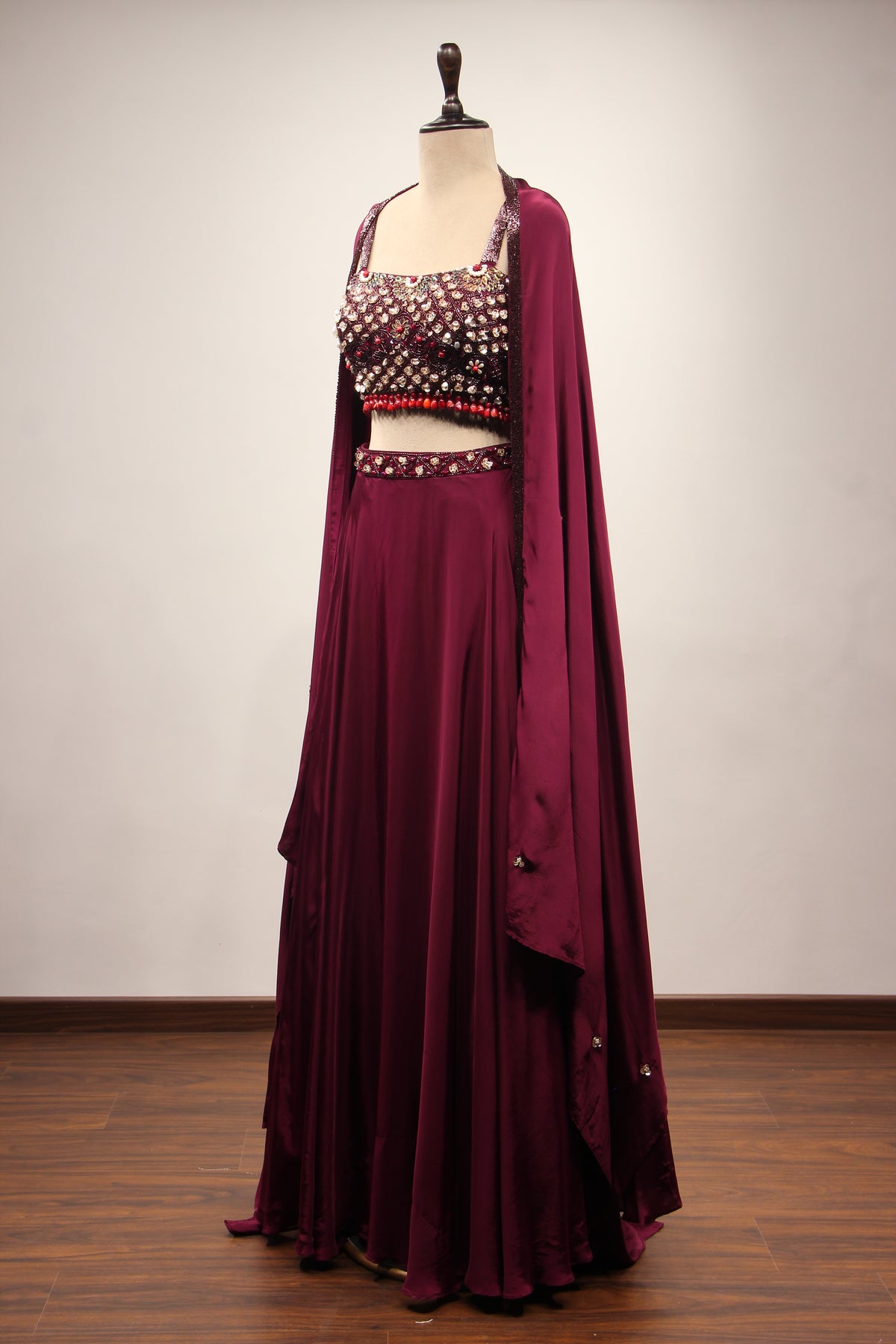 Wine Crepe Lehenga with Stone & Sequin Handwork Crop Top Shrug