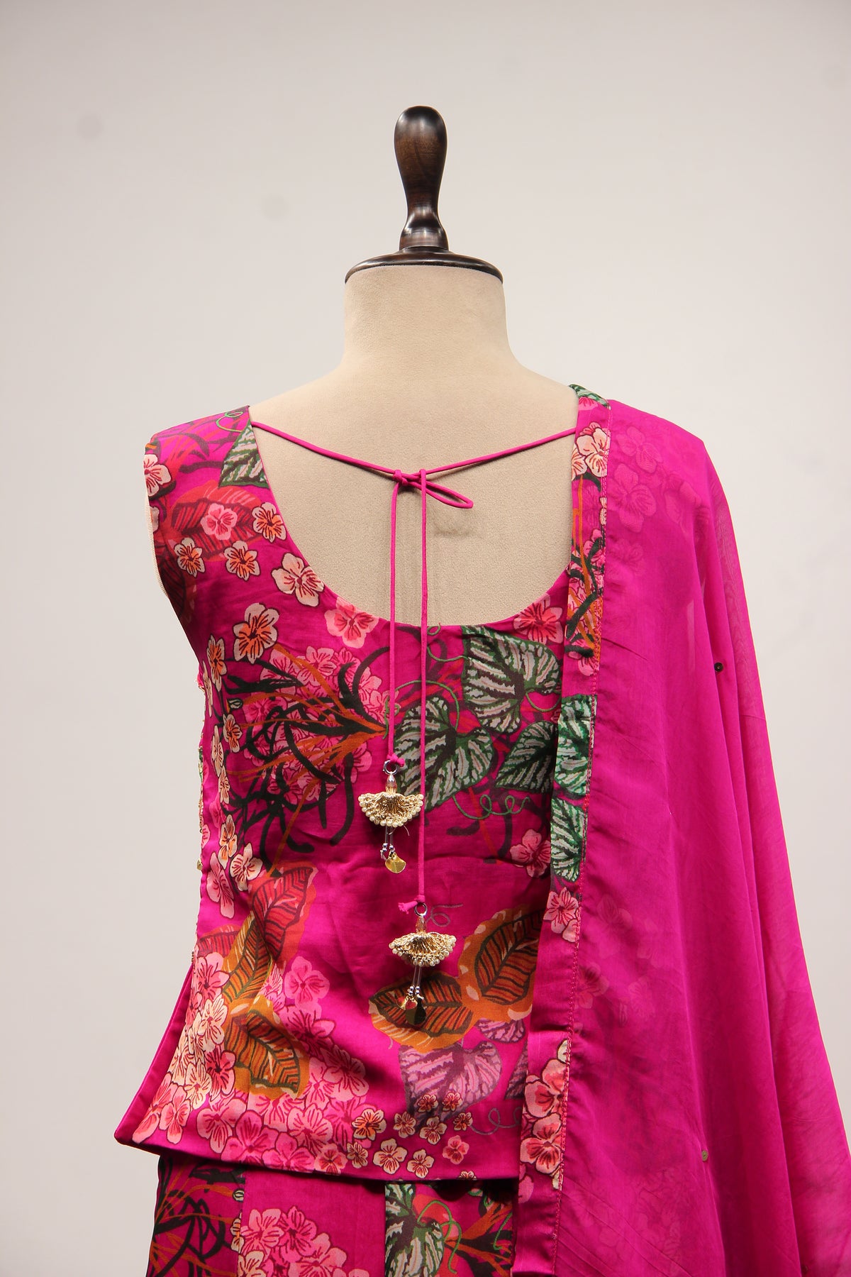 Rani Organza Indo Western Palazzo Set with Printed & Mirror Handwork – back close-up