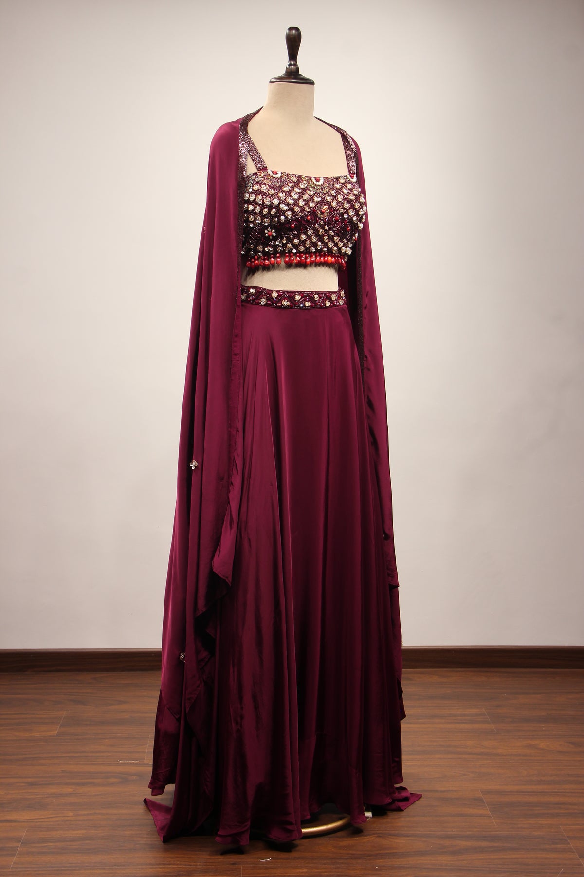 Wine Crepe Lehenga with Stone & Sequin Handwork Crop Top Shrug