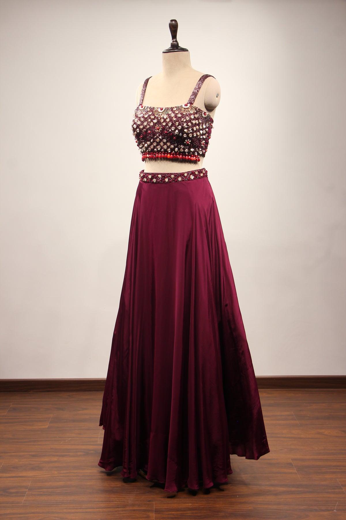 Wine Crepe Lehenga with Stone & Sequin Handwork Crop Top Shrug