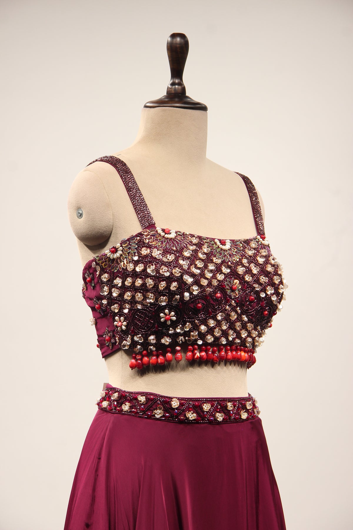 Wine Crepe Lehenga with Stone & Sequin Handwork Crop Top Shrug