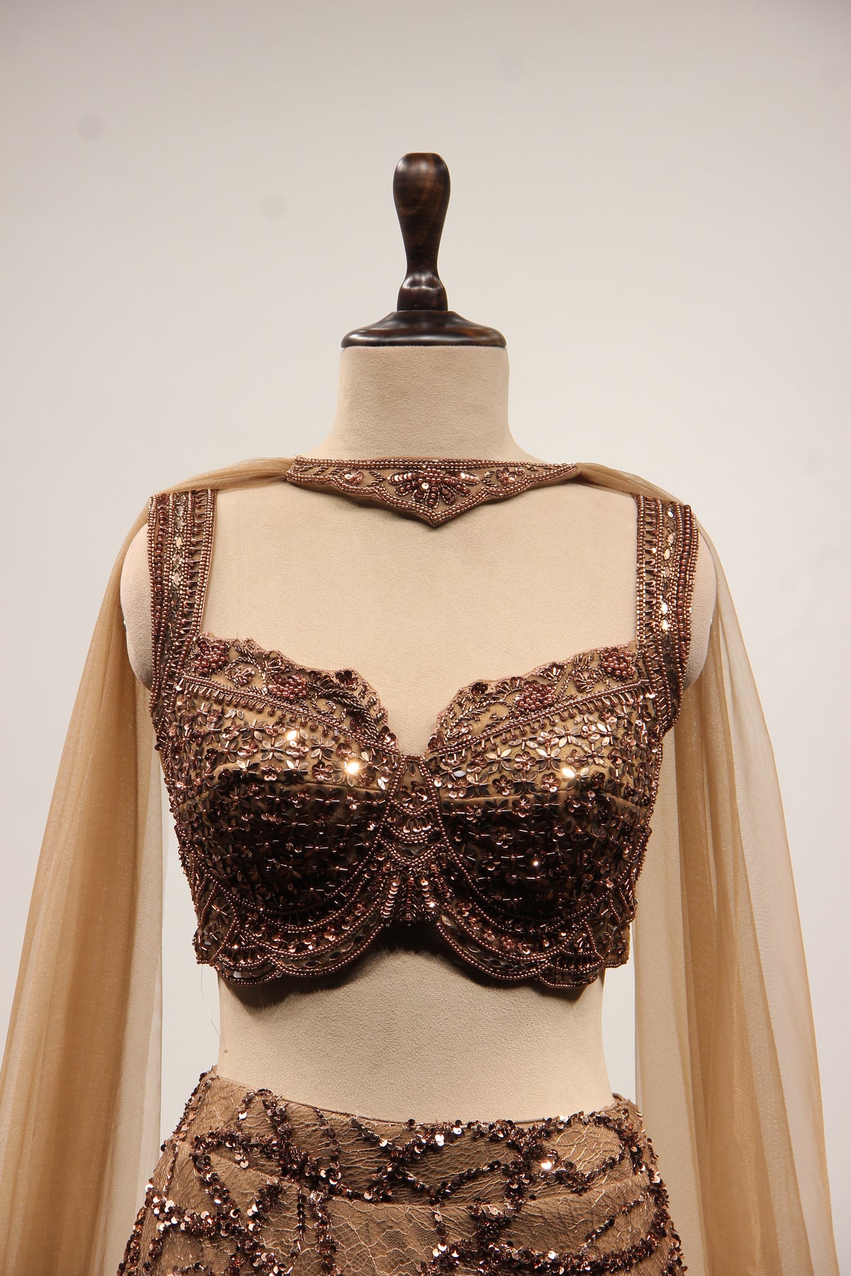 Coffee Imported Lehenga with Mirror & Cut Dana Handwork Crop Top – front close-up