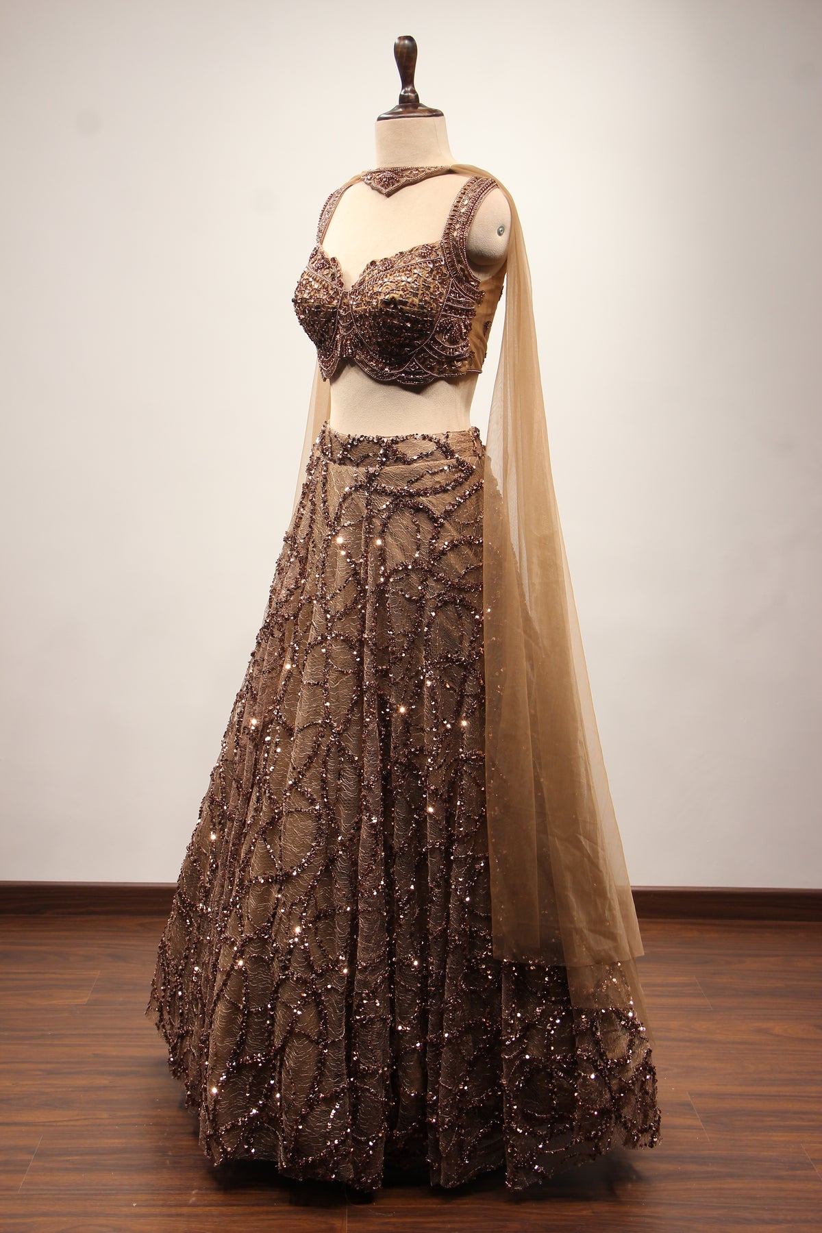 Coffee Imported Lehenga with Mirror & Cut Dana Handwork Crop Top – side view