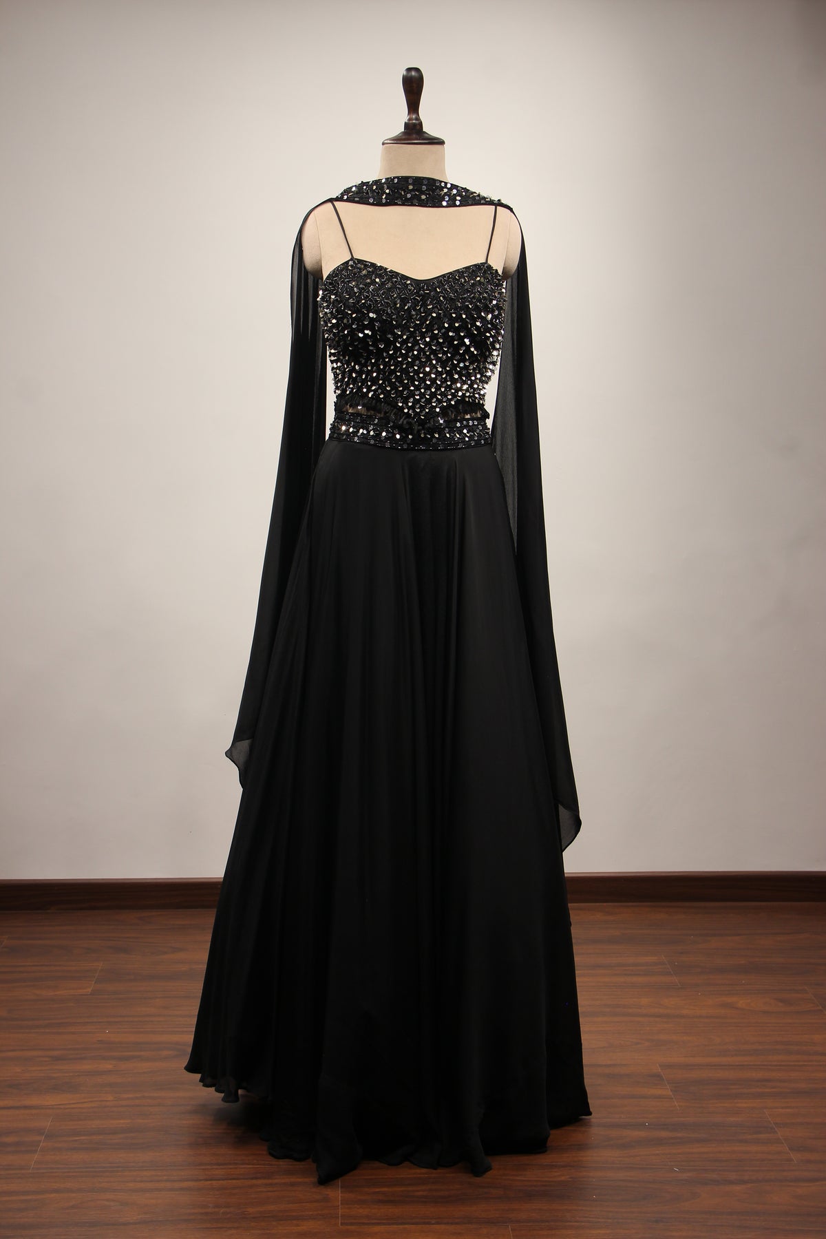 Black Crepe Lehenga with Sequin & Cut Dana Handwork Corset Blouse