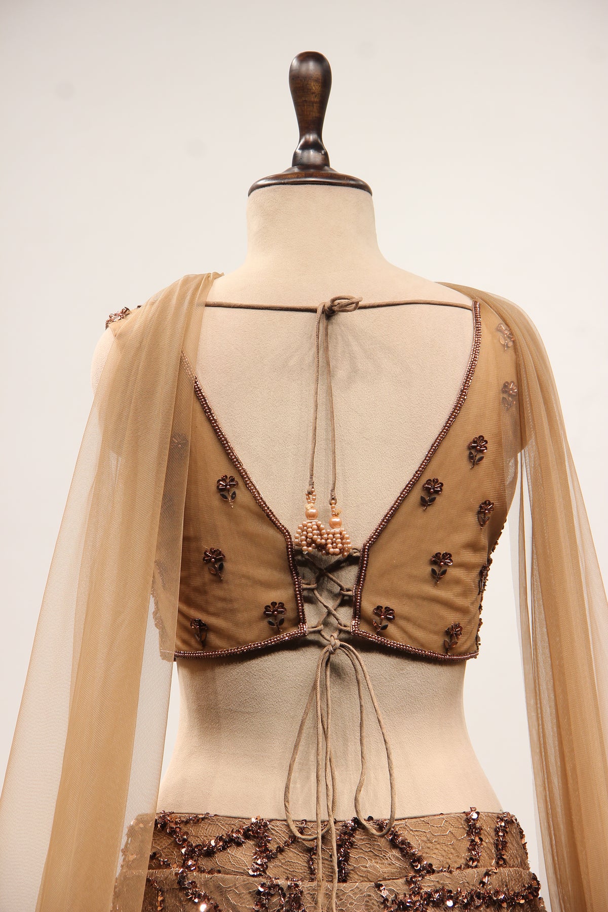Coffee Imported Lehenga with Mirror & Cut Dana Handwork Crop Top – back close-up