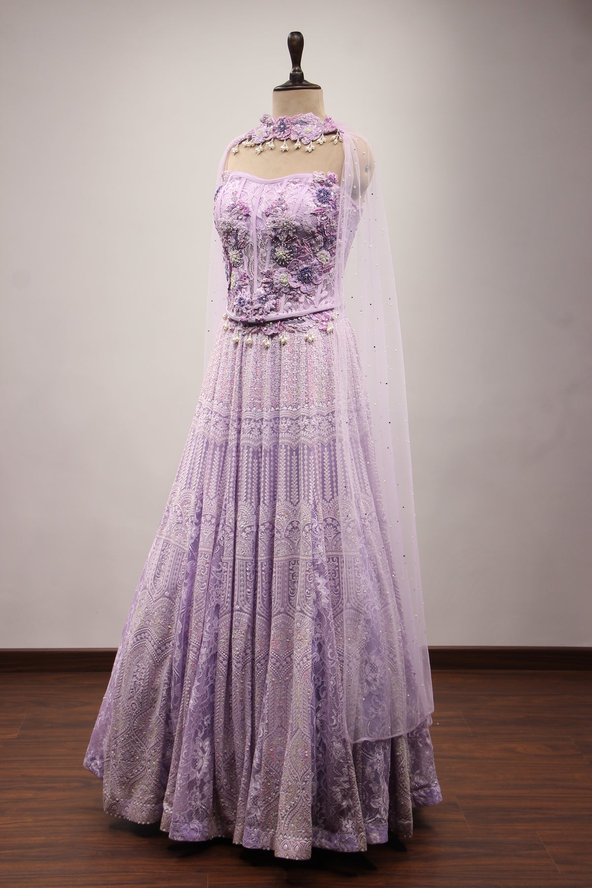 Lavender Lucknavi Lehenga with Resham & Bead Handwork Corset