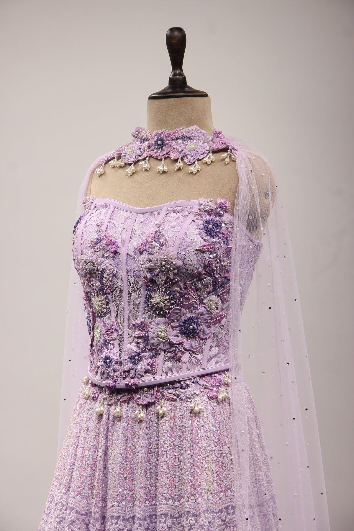 Lavender Lucknavi Lehenga with Resham & Bead Handwork Corset