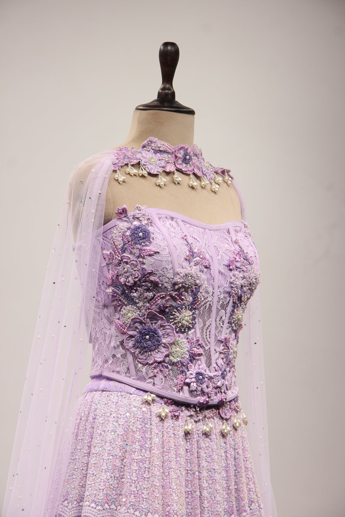 Lavender Lucknavi Lehenga with Resham & Bead Handwork Corset