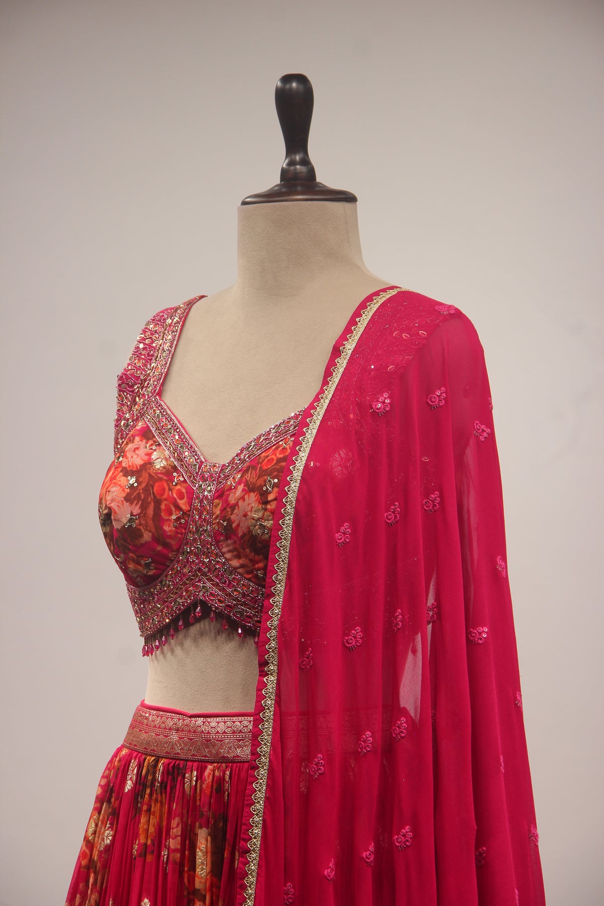 Rani Organza Lehenga with Printed & Mirror Handwork Crop Top