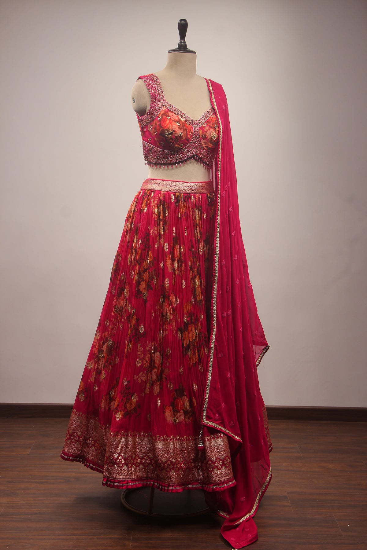 Rani Organza Lehenga with Printed & Mirror Handwork Crop Top