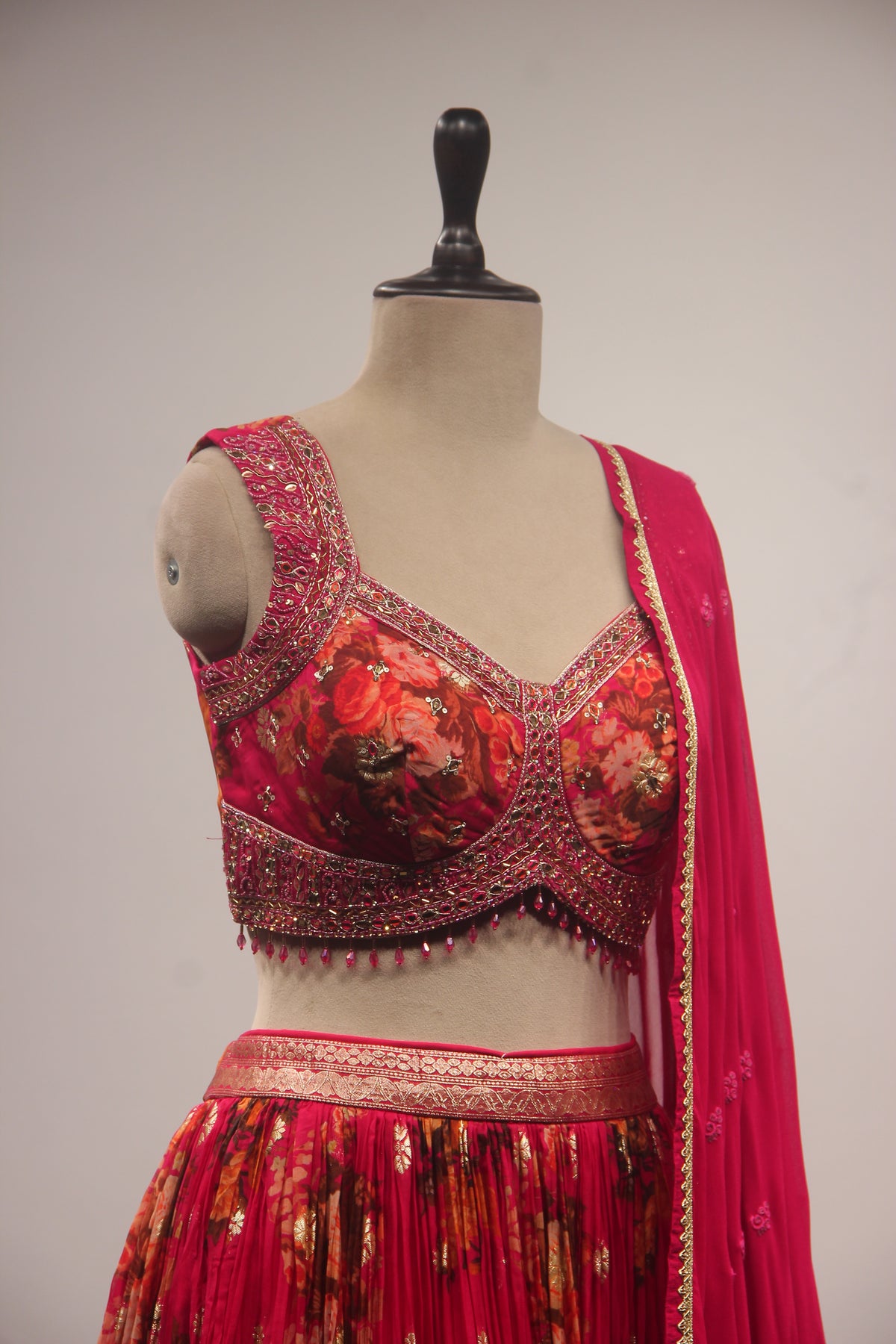 Rani Organza Lehenga with Printed & Mirror Handwork Crop Top
