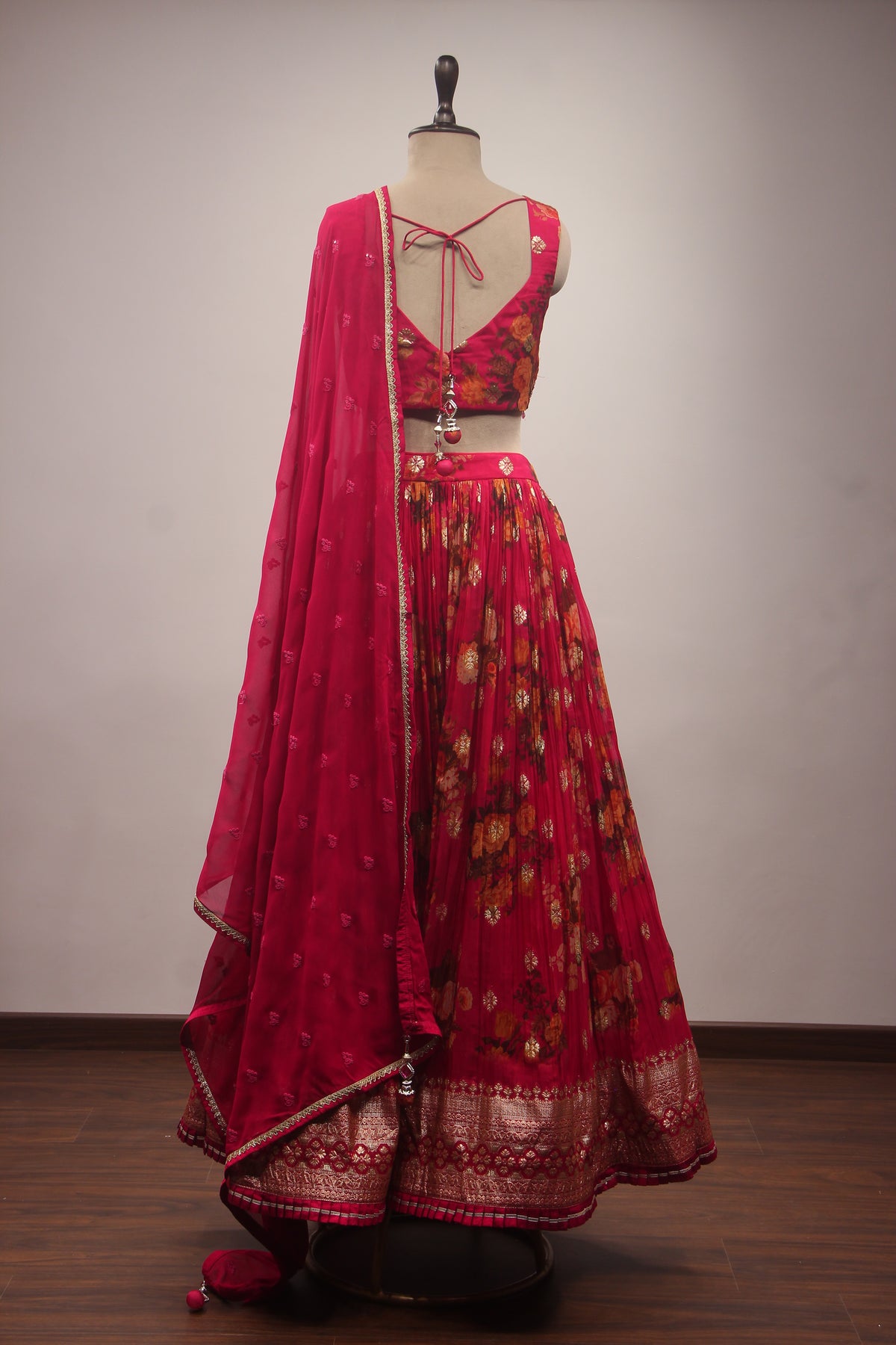 Rani Organza Lehenga with Printed & Mirror Handwork Crop Top