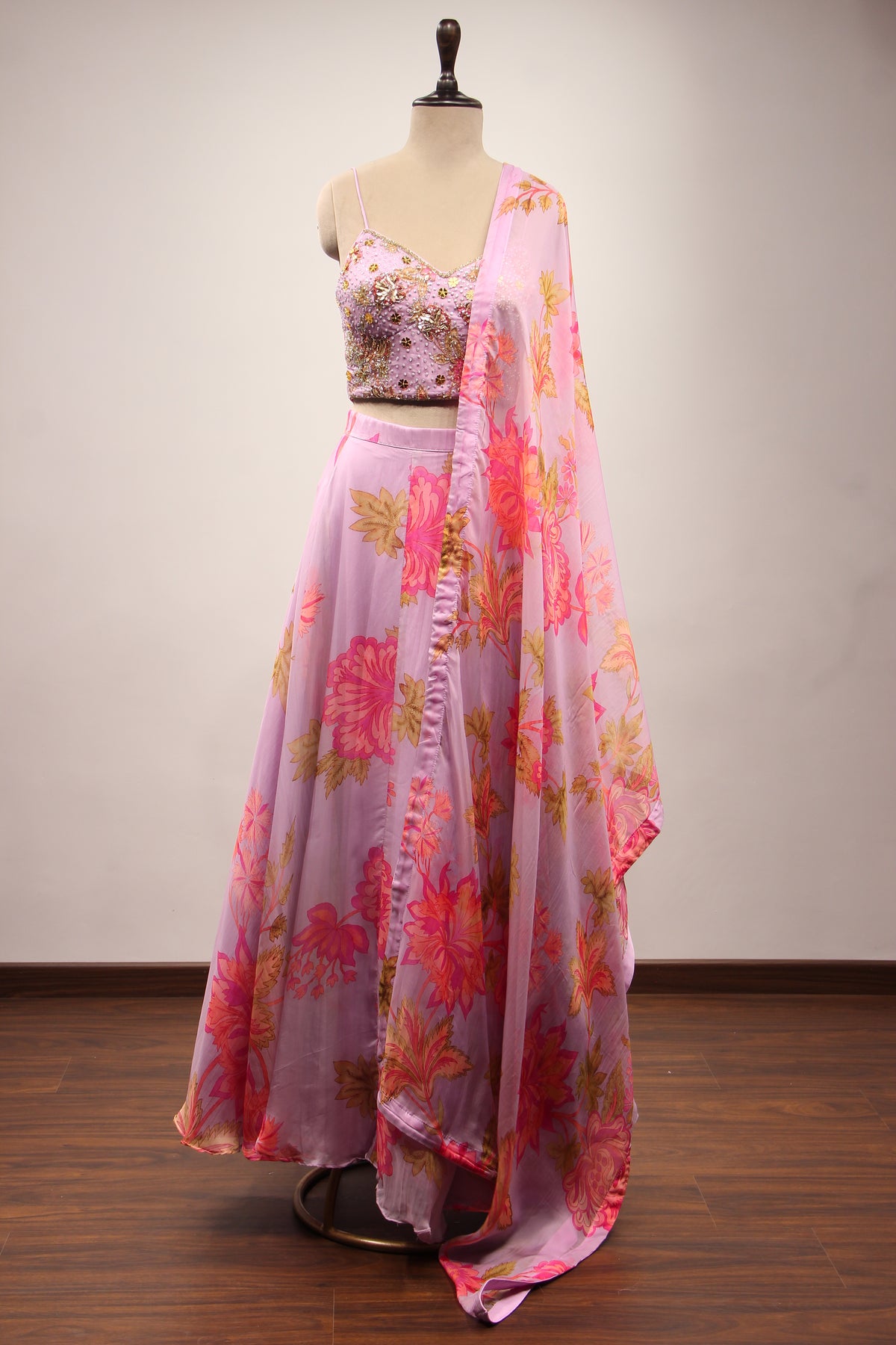 Lavender Organza Lehenga with Printed & Cut Dana Handwork Corset
