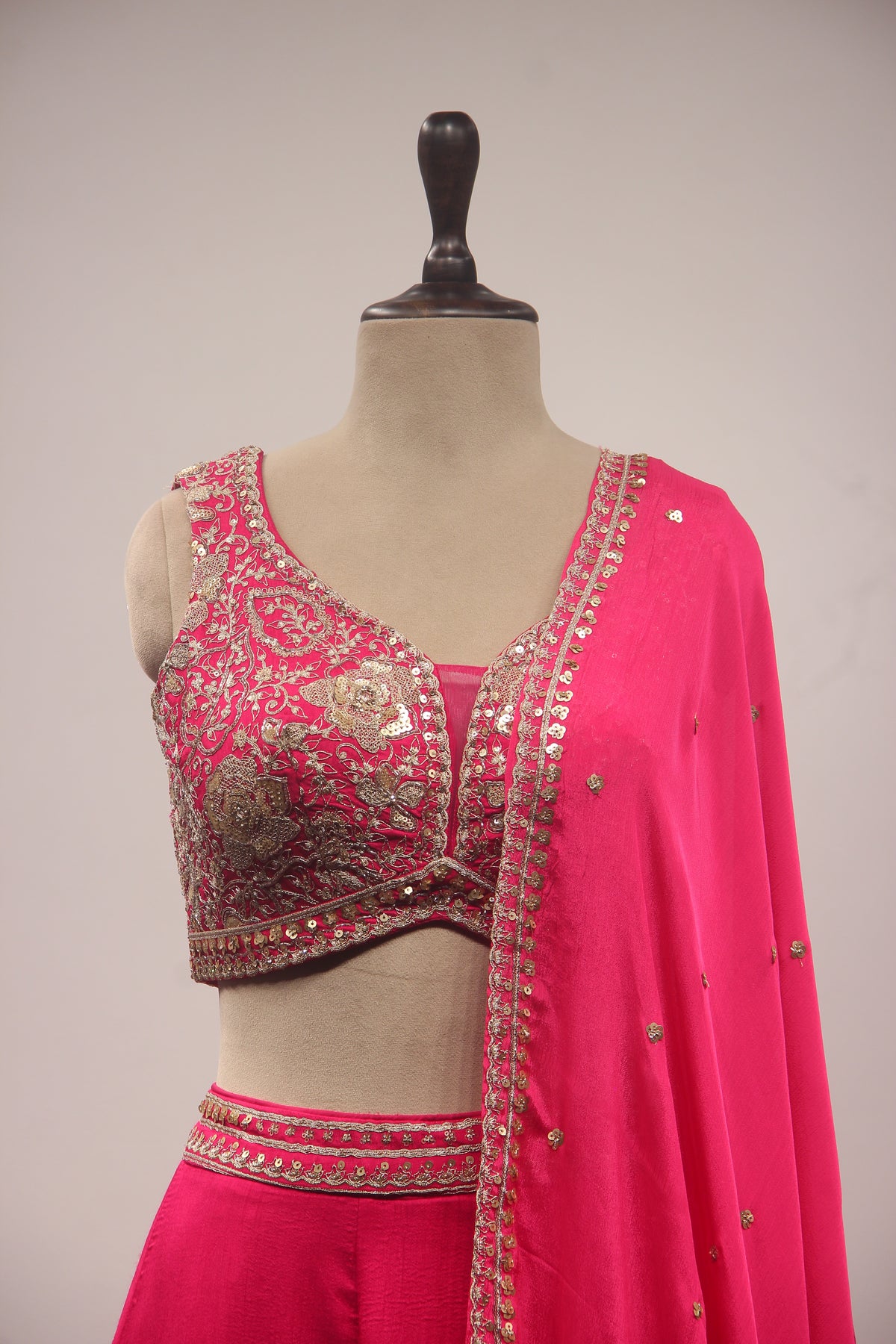 Rani Dupion Lehenga with Floral Zari & Sequin Handwork V-Neck Crop Top – front close-up