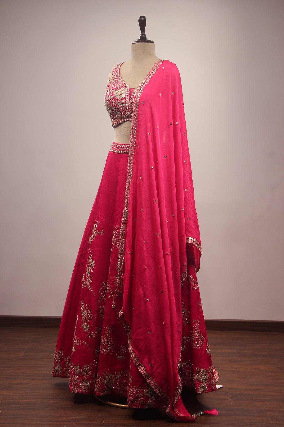 Rani Dupion Lehenga with Floral Zari & Sequin Handwork V-Neck Crop Top – side view