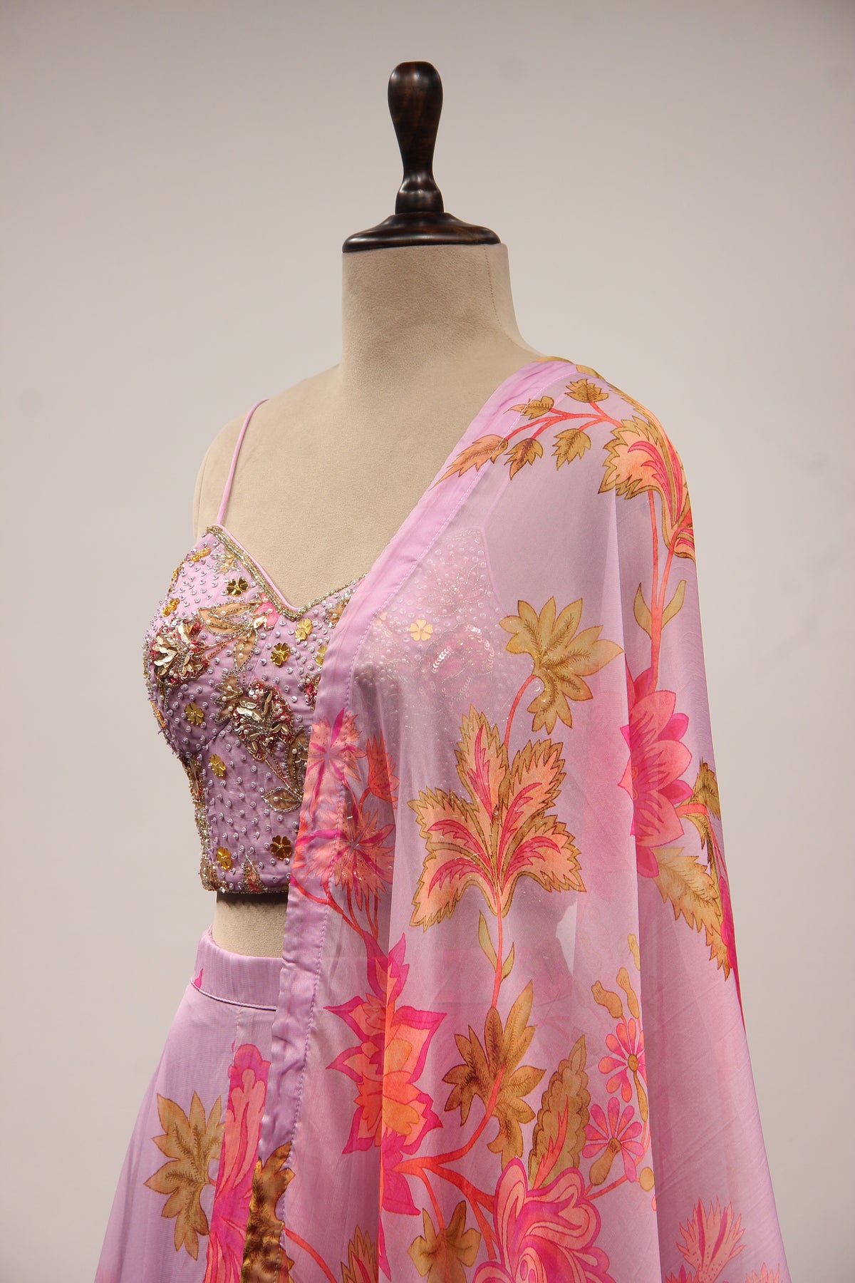 Lavender Organza Lehenga with Printed & Cut Dana Handwork Corset