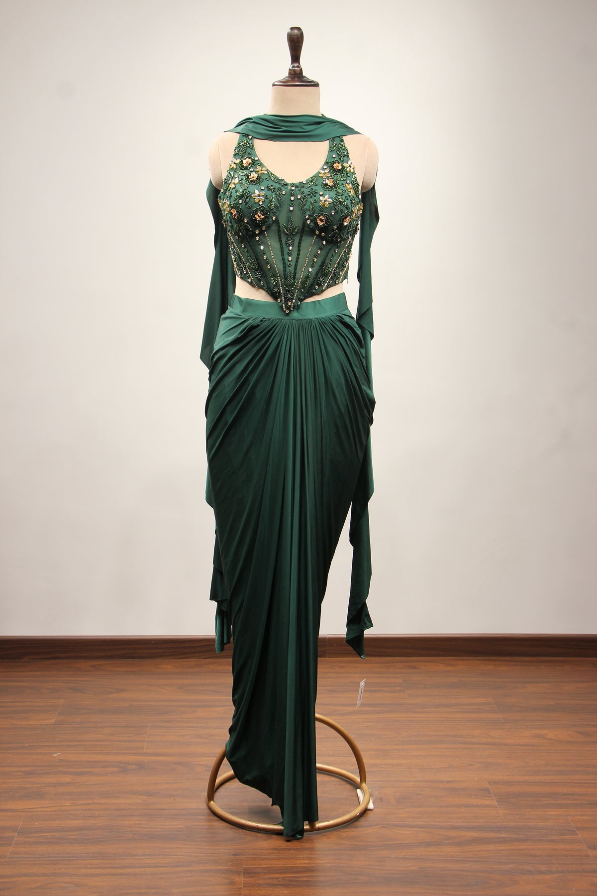 Bottle Green Imported Hand-Embroidered Indo Western, Cut Dana Handwork – front view