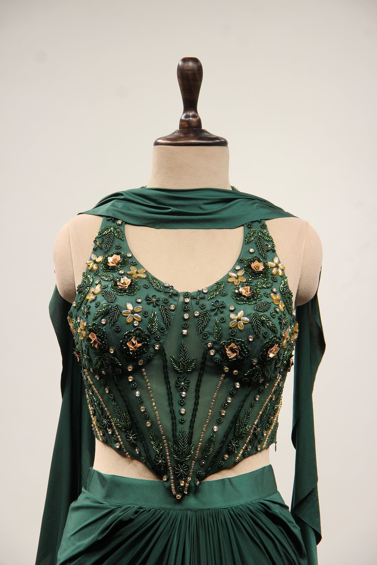 Bottle Green Imported Hand-Embroidered Indo Western, Cut Dana Handwork – front close-up