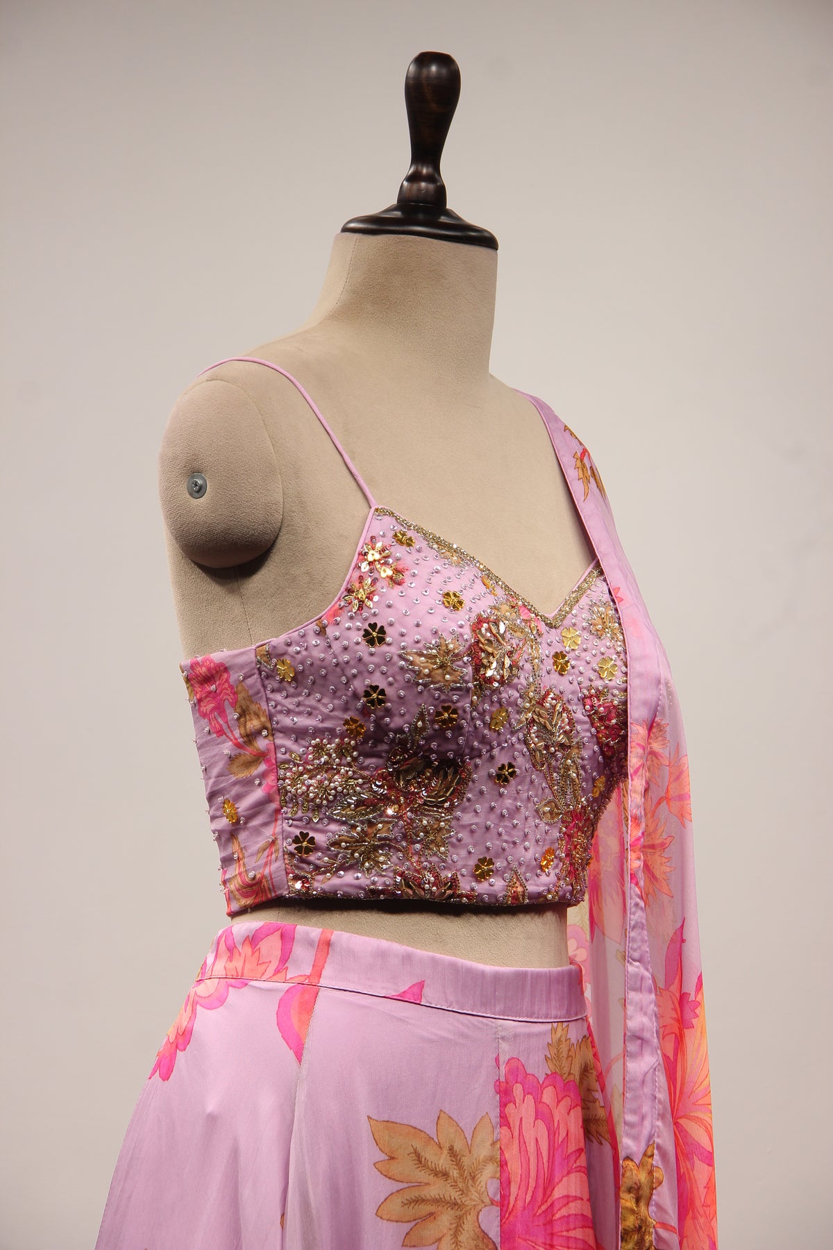 Lavender Organza Lehenga with Printed & Cut Dana Handwork Corset
