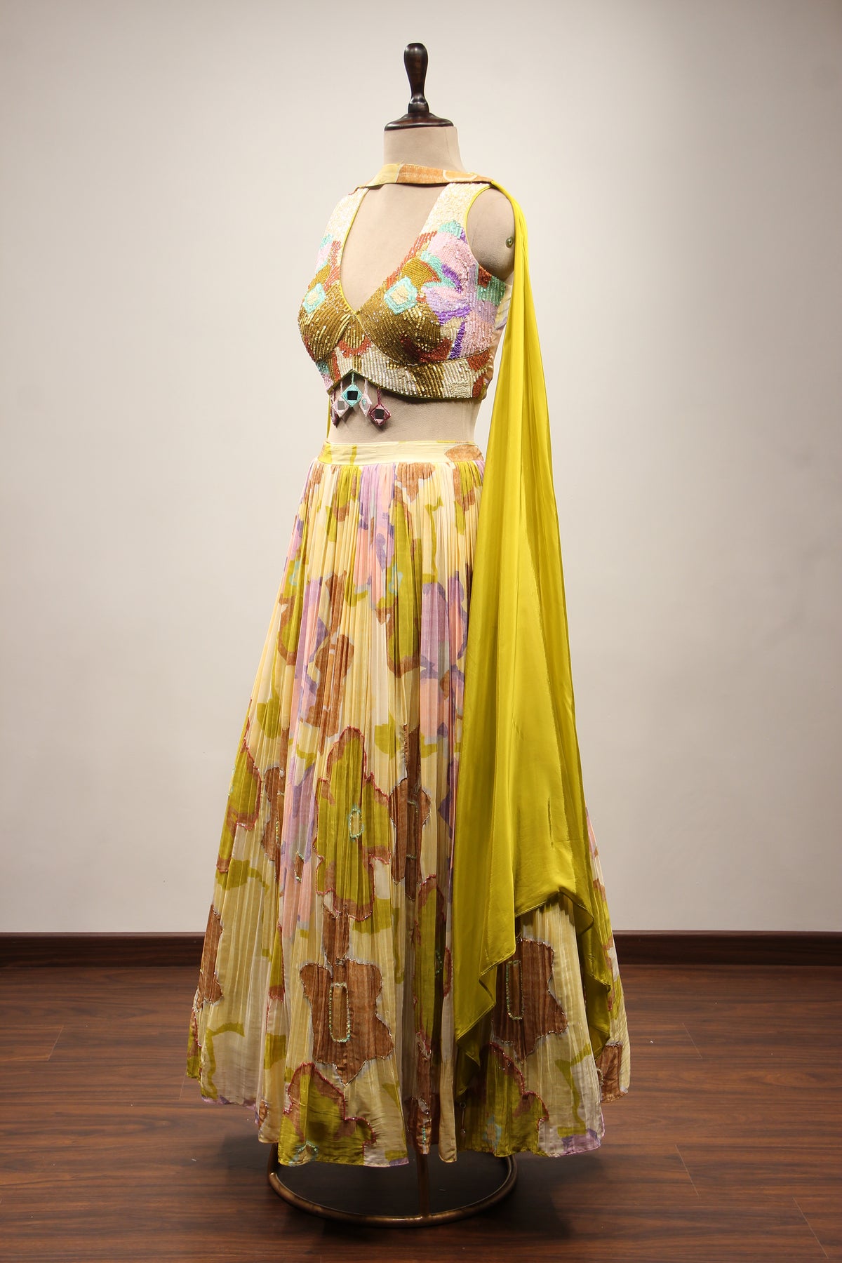 Crepe Lehenga with Hand Embroidery & Cut Dana Crop Top