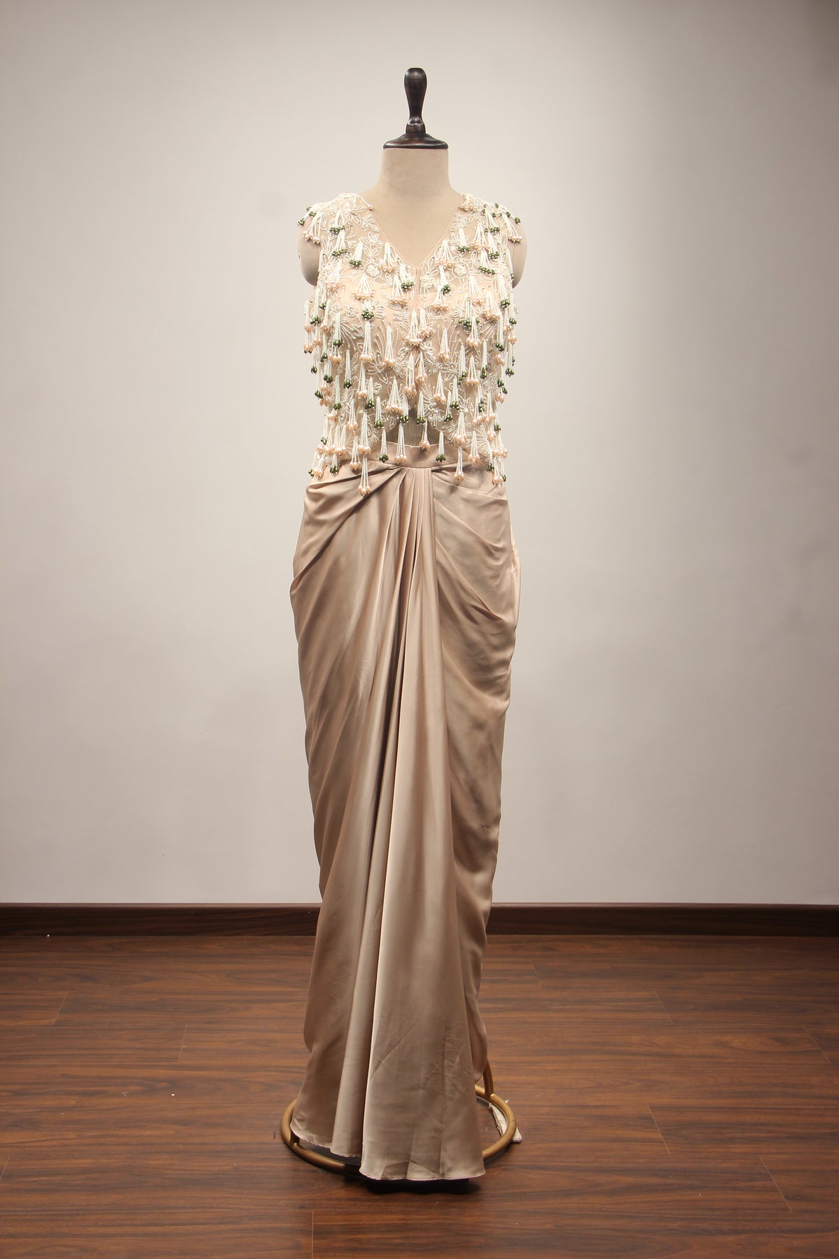 Satin Indo Western Cowl Skirt with Cut Dana Handwork & Tassel Jacket in Beige – front view